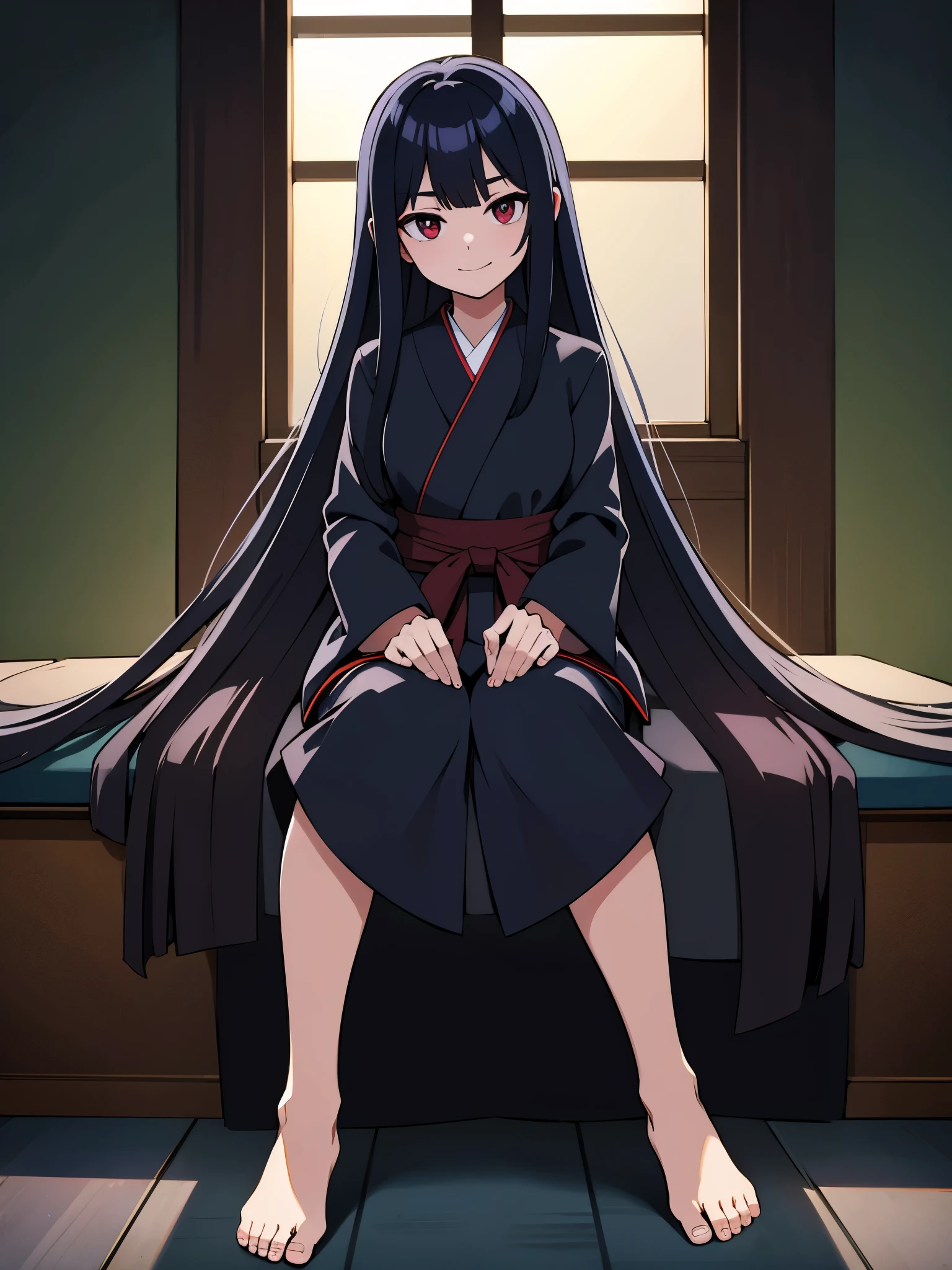 indoor, in japanese room, wearing dark blue lowleg yukata, bare foot, sitting, evil smile, 1gial, ultra high res, Best quality, ultra detailed, ideal ratio body proportions, clear detailed face, high nose(1:2), large mouth, red eyes, a strong female character with broad shoulders, straight long hair, anime style, intricate details, sharpen, 8k, masterpiece, intense gaze, dark eyelashes, slightly hanging eyes,