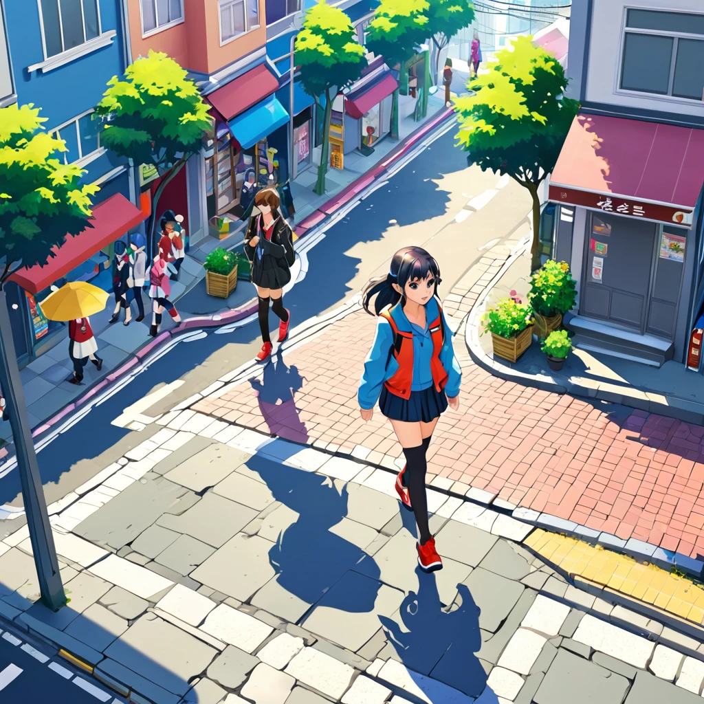 1 girl, isometric view, anime, walking on street