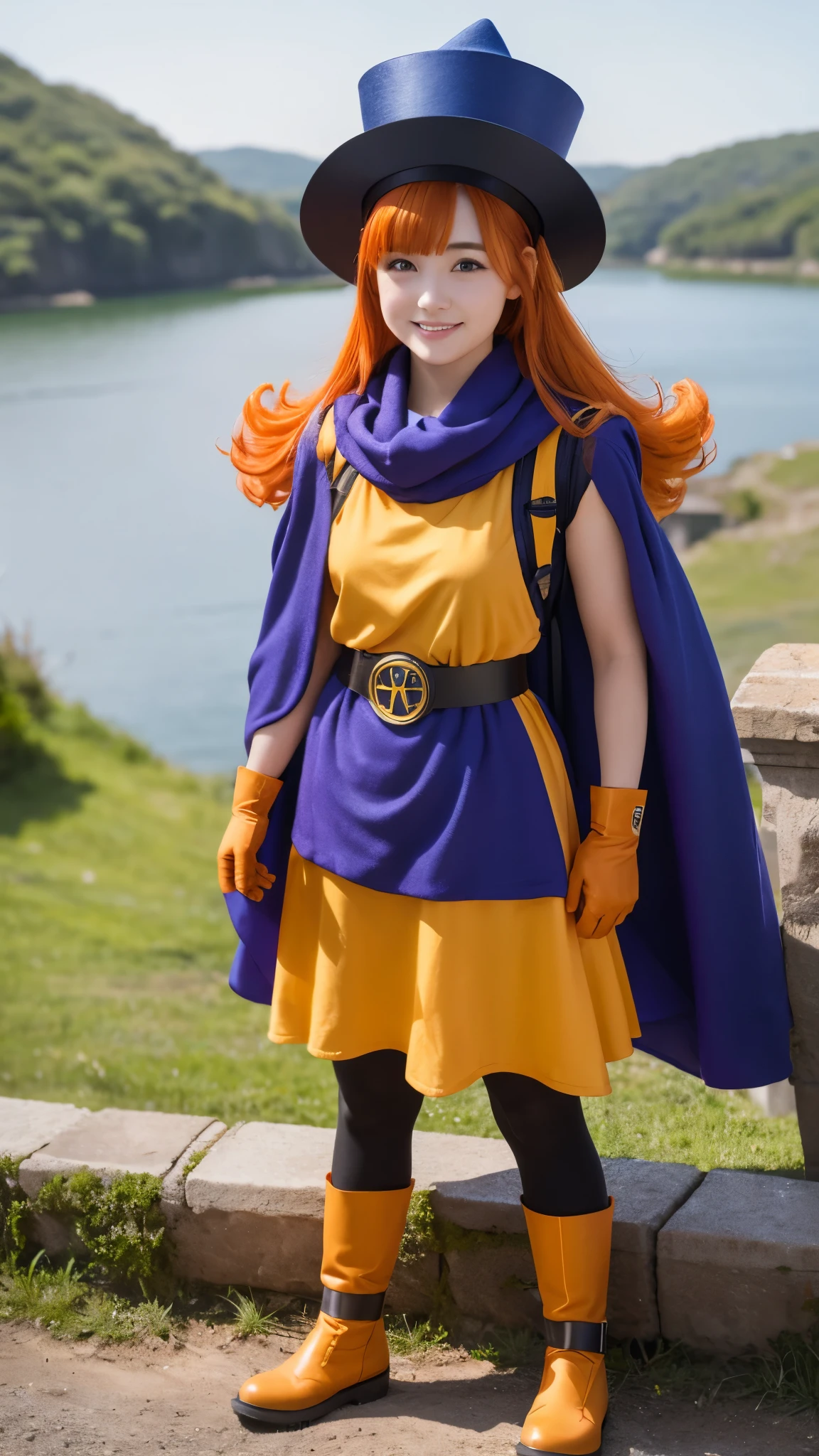 Girl、 has orange wavy hair and purple eyes I'm here。Wear a big blue hat、 also wears a blue cloak 。smile、Wears a yellow tunic 、 has a waist tightened with black tights and a belt 。 wears orange gloves on her hands 、 wears orange boots around her feet 。Castle、
