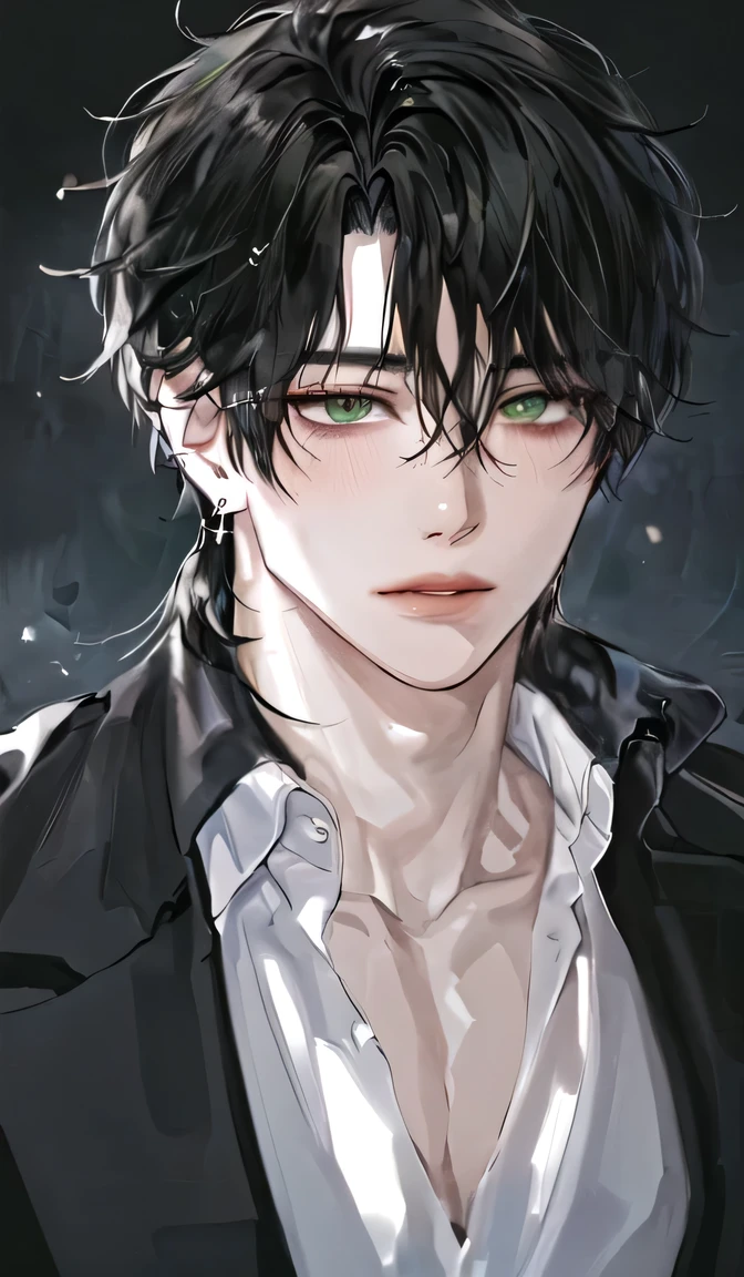 1boy, portrait, earrings, solo,lips,  male focus, green eyes, looking at viewer, Black hair, messy hair, glasses 