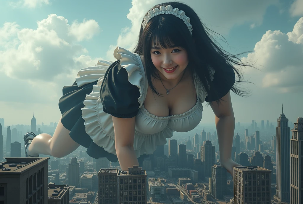 High resolution、Super detailed、(1 girl:1.3)、complex architecture、lush garden、Designing images using the fisheye effect、Capture a wide field of view with a unique curved perspective、panoramic cityscape、Creating elevation-aware rooftop views in urban environments、smile、cleavage