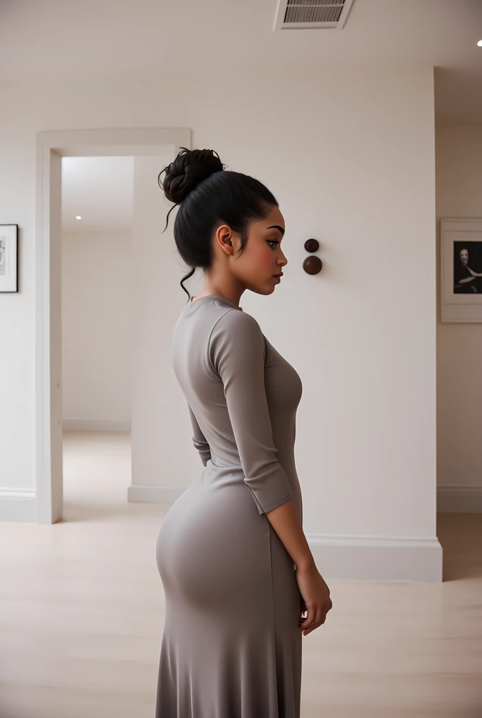 This photograph captures a woman standing in a modern, minimalist room with off-white walls and light wooden flooring. She is positioned in the background, facing away from the camera, revealing her figure in profile. The woman appears to be of mixed or Latina descent, with medium-brown skin and dark hair pulled back into a loose bun. She is wearing a long-sleeve, form-fitting, grey dress or jumpsuit that flows out slightly at the hips, creating a subtle, elegant silhouette. Her posture is slightly turned, accentuating her curvaceous figure, with particular focus on her rounded hips and buttocks.

The room's decor is minimalistic and contemporary. Two pieces of wall art hang above a simple, white door; the one to the left appears to be a black-and-white portrait, while the one to the right features intricate, geometric patterns in shades of white and light grey. The ceiling is visible, showing recessed lighting fixtures, and a white air vent. The floor is made of light wood planks that add warmth to the neutral-toned space. The overall ambiance of the room is calm and modern. The photograph captures a candid moment, emphasizing the simplicity and elegance of the setting and the subject's attire.