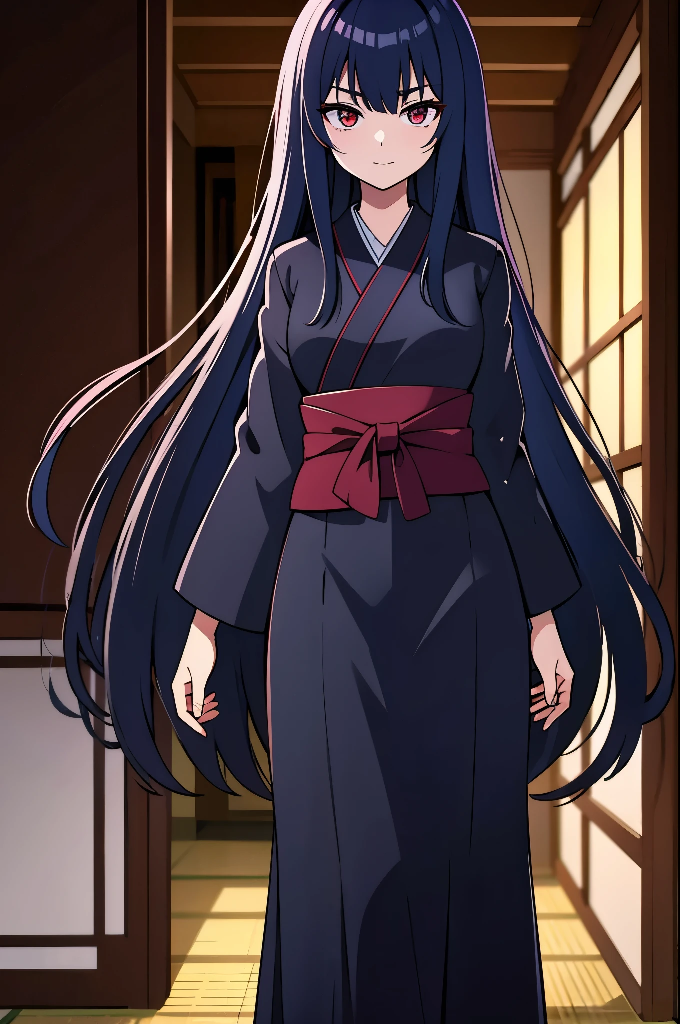 indoor, in japanese room, wearing dark blue lowleg yukata, focus face, evil smile1:2, 1gial, ultra high res, Best quality, ultra detailed, ideal ratio body proportions, clear detailed face, high nose(1:2), large mouth, red eyes, a strong female character with broad shoulders, straight long hair, anime style, intricate details, sharpen, 8k, masterpiece, intense gaze, dark eyelashes, slightly hanging eyes,