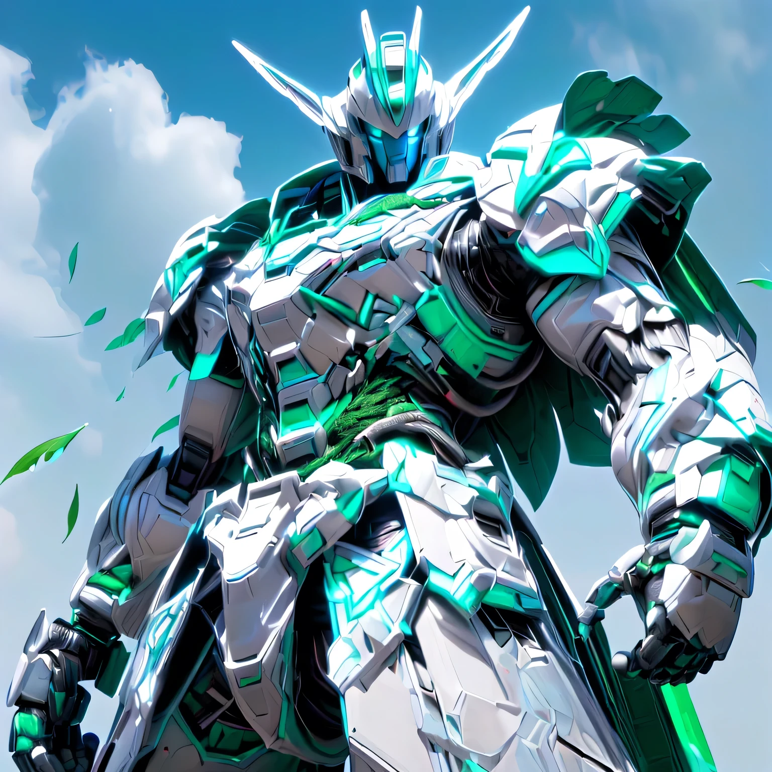 ((Big Clouds,  blue sky: 1.5,  sunlight pouring down to the ground through a break in the clouds: 2.0, Pillar of Light, Many white birds flying in the sky : 1.0)), (( green leaves are dancing in strong winds : 1.5)), (Mecha:1.3), (( blue robots are making violent movements: 1.5)), ((RAW photo,  several people having fun with each other while having very detailed , Super detailed,  best quality, masterpiece, 8k wallpaper,  high definition ,  super precise illustration , using Unreal Engine: 2.0, Unreal Engine 6, Unreal Engine 5)), white armor , green eyes, alone, (Game CG:1.2), ( Black Light:1), mechanical parts, Robot joints, headgear , Full Armor , upper body,In the sky,  glowing eyes,  tight waist, ((Detailed depiction of Mecha, Photorealistic images: 2.0, 4K, 8k, 16k, 32K)),  big chest armor , Large shoulder armor, ( lots of blue discharges from armor ), Has 1 large horn on its head , (( a giant sword)), (Resplendently decorated armor: 1.5), (from below)