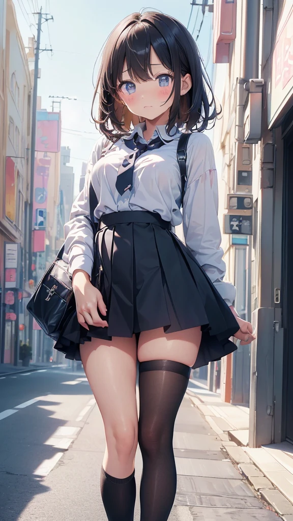 (masterpiece:1.2, highest quality), (realistic, photorealistic:1.4), beautiful illustrations, (natural side lighting, movie lighting), ,
(looking at the viewer), 1 girl, Japanese, high school girl, perfect face, Cute symmetrical face, shiny skin, ,
(middle hair:1.5, twin tails:1.7, blonde), hair between eyes, blue eyes, long eyelash, (big breasts:0.9, thick thighs),
beautiful hair, beautiful face, detailed and beautiful eyes, beautiful clavicle, beautiful body, beautiful breasts, beautiful thighs, beautiful feet,
((black pleated mini skirt, black stockings, unbuttoned white shirt)), black hair ribbon, pink panties,
(beautiful scenery), daytime, riverside, (facing the front), (impatient look, cheeks turn red, embarrassed look), (((Skirt pulling, wind lift))),