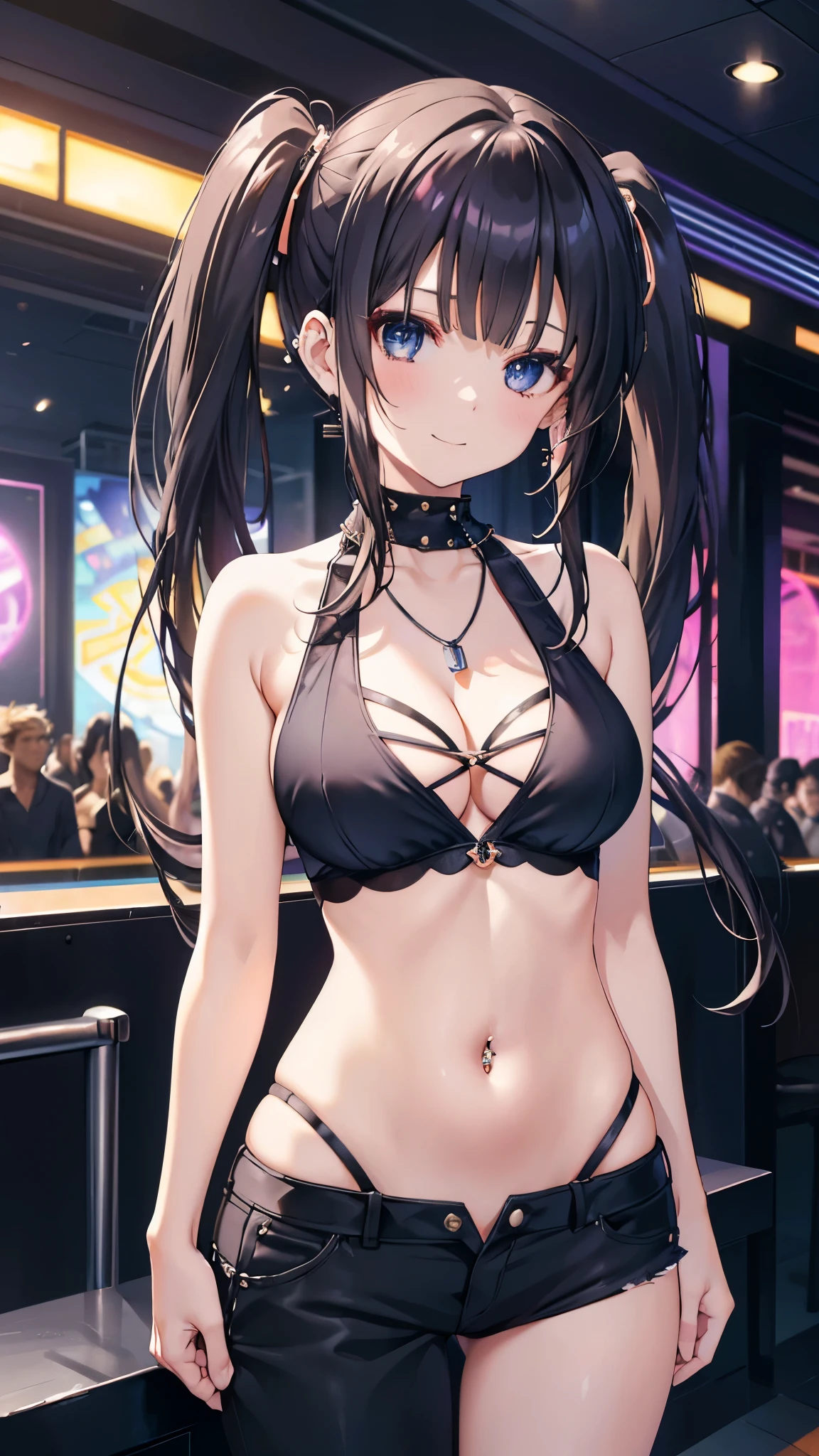 (8K、Highest image quality、highest quality、masterpiece)、detailed face、1 girl、black hair、(( twintails))、blunt bangs,shiny eyes、((large breast:1.5)),punk costume,((:1.5)),((Cleavage,plunging, pendant,navel pierce))、cleavage、((navel pierce:1.4))、((groin))、((standing,straight on:1.5))、( smile,happy),put your hands on your hips、cowboy shot,beautiful background、(indoor,nightclub),POV
