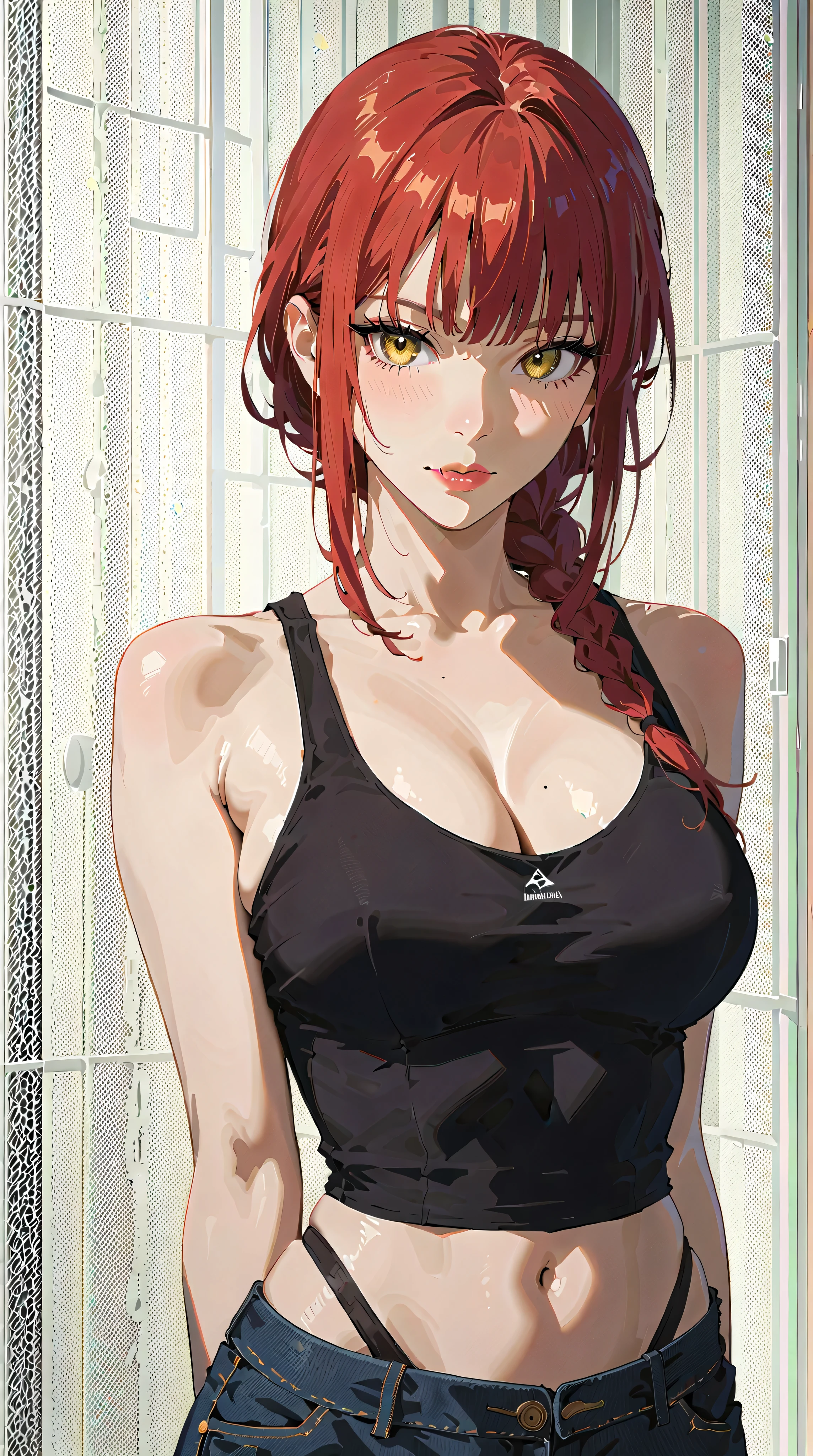 A beautiful Japanese girl, Makima, red hair with a single braid, yellow eyes, wearing a black tank top with "Makima" written on it, black panties, arms behind back, giving a yakuza vibe, realistic, intricate details, hard colors, big breasts, cleavage