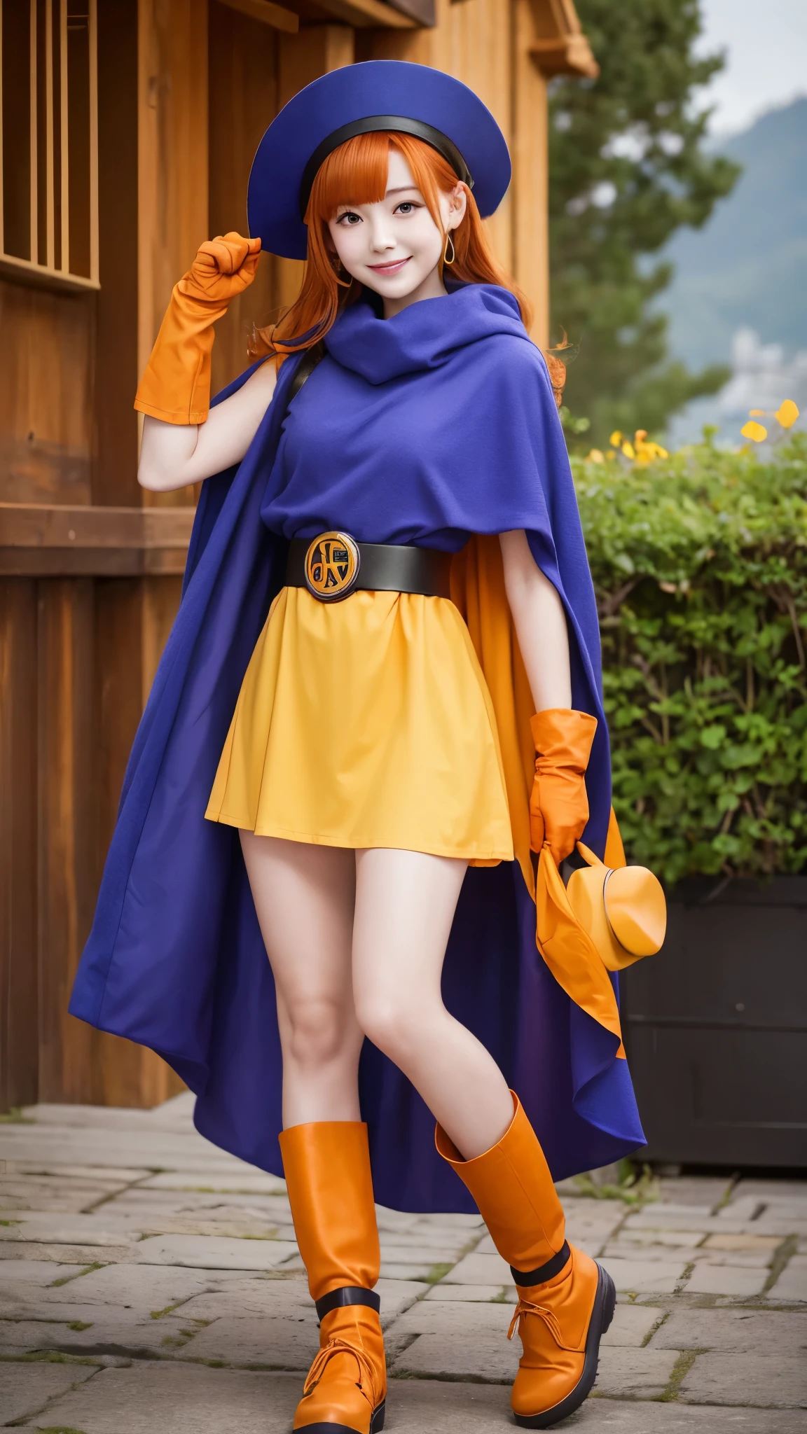 Girl、 has orange wavy hair and purple eyes I'm here。Wear a big blue hat、 also wears a blue cloak 。smile、Wears a yellow tunic 、 has a waist tightened with black tights and a belt 。 wears orange gloves on her hands 、 wears orange boots around her feet 。Castle、
