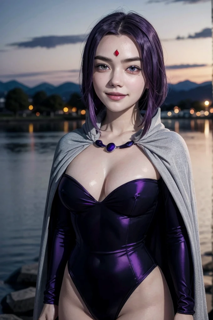 RavenTT,  purple eyes ,purple hair,  red jewel on the forehead , gray skin,Blue cape,black swimsuit,long sleeves, brooch, looking at the viewer,Serious,  smiling, Teeth, close up portrait, 
outside, water's edge,  cityscape , dark, night, extreme detail, HDR, beautiful quality,  