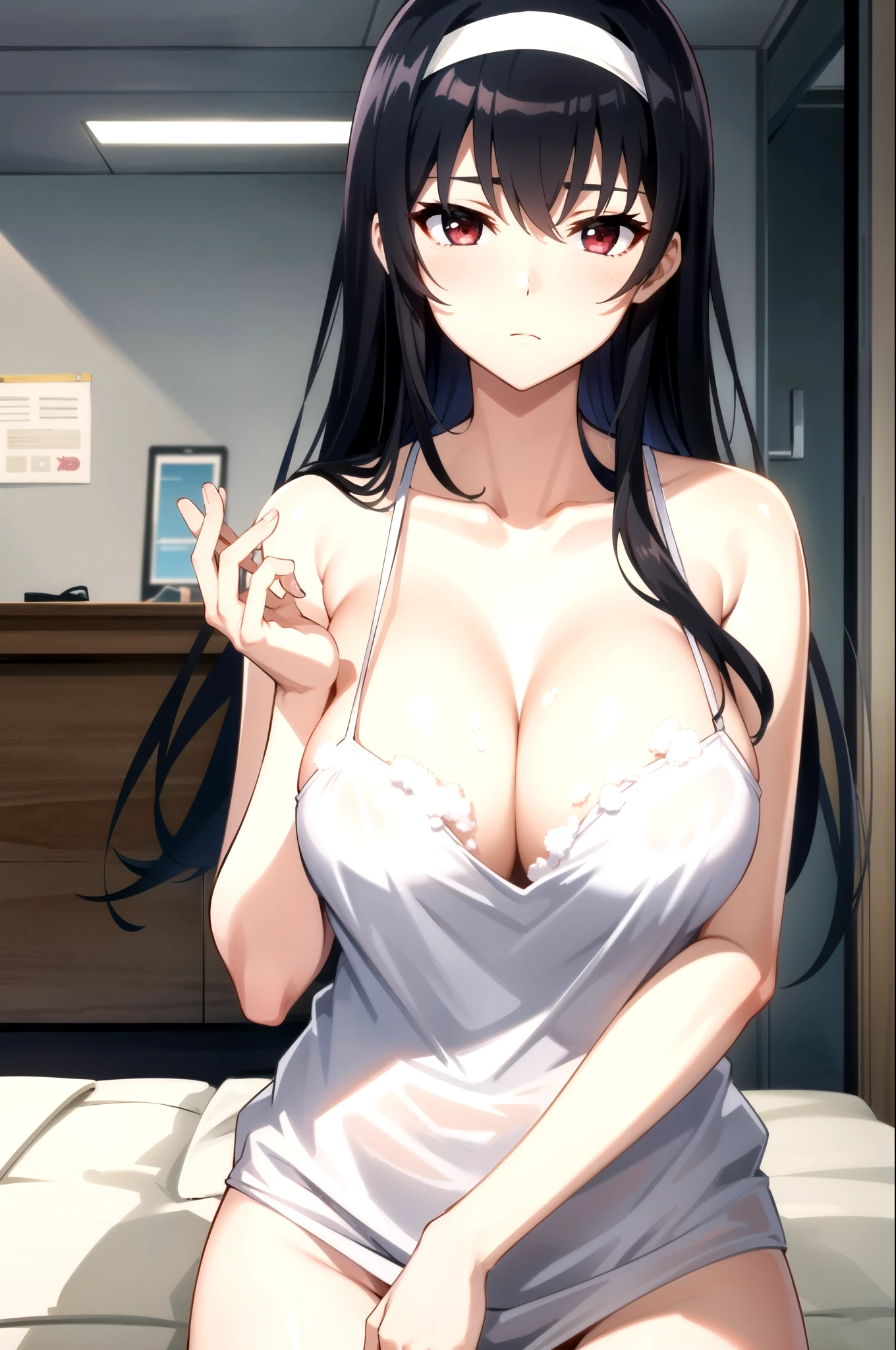 Tall body, Tall, Long legs, Mature female, Mature, adult, eft_SAEKANO_It's not coming ,  1 girl, kasumigaoka It's not coming , Alone, Long Hair,  headband,  black hair, red eyes,  upper body, white  headband,  shirt, bangs, indoor,  Viewers,  closed mouth, breast, Soapland girl、lotion