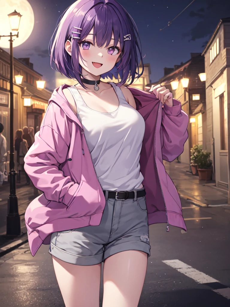 1 girl, solo, Purple Hair, Bob Hair, Beautiful , , white tank top,Grey shorts,Black belt, black choker, hair clips,Pink jacket,Slanted Eyes, Light purple eyes, is laughing,happiness/joy, smiles from all around, standing ,Lower your arms,Put your hands in your jacket pocket, high definition , simple background, Around town,Moonlit Night, best quality, anatomically correct, masterpiece,