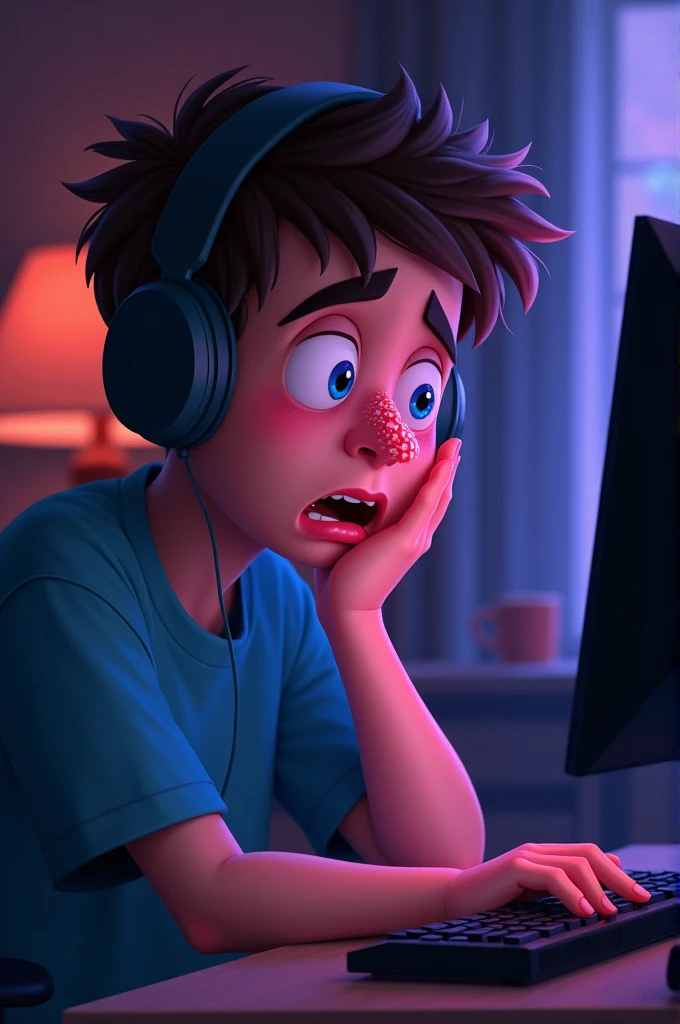 ( male character) a young boy animated film in the Disney Pixar style, high qualiy, best quality , pretty face dark skin, short and straight hair , beautiful eyebrow , wears black shirt , wears a cap backwards, is messing around on the computer in his room, on the mailbox screen , hands on keyboard , viewed from the front of the computer, facial expression of shock on the face, scared, wide eyes and open mouth
