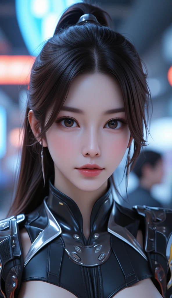 Photorealism, Japaness young face Female, white skin, beautiful chests , Turn straight ahead, shy face , 
In pretty modern dress with armory,  scifi, neon, future, 