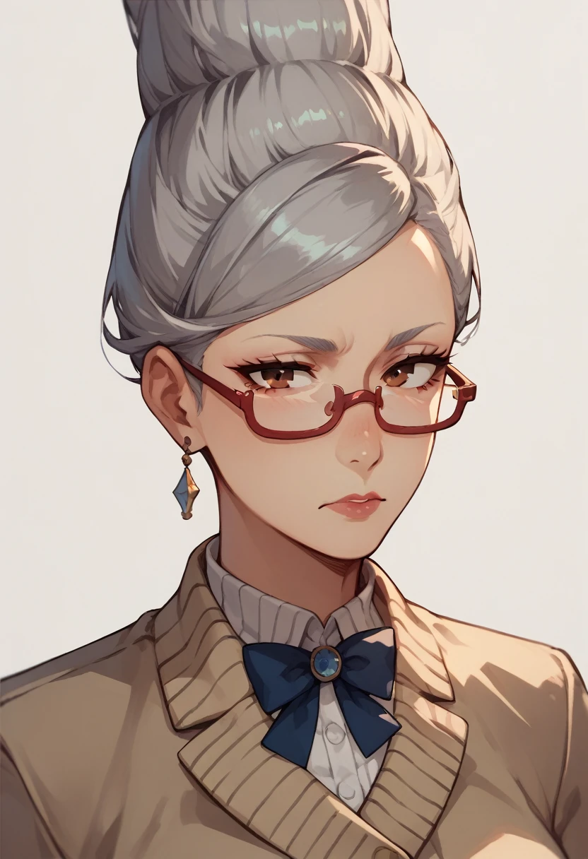 seiko ayase
mature female,grey hair, brown eyes,glasses,top knot