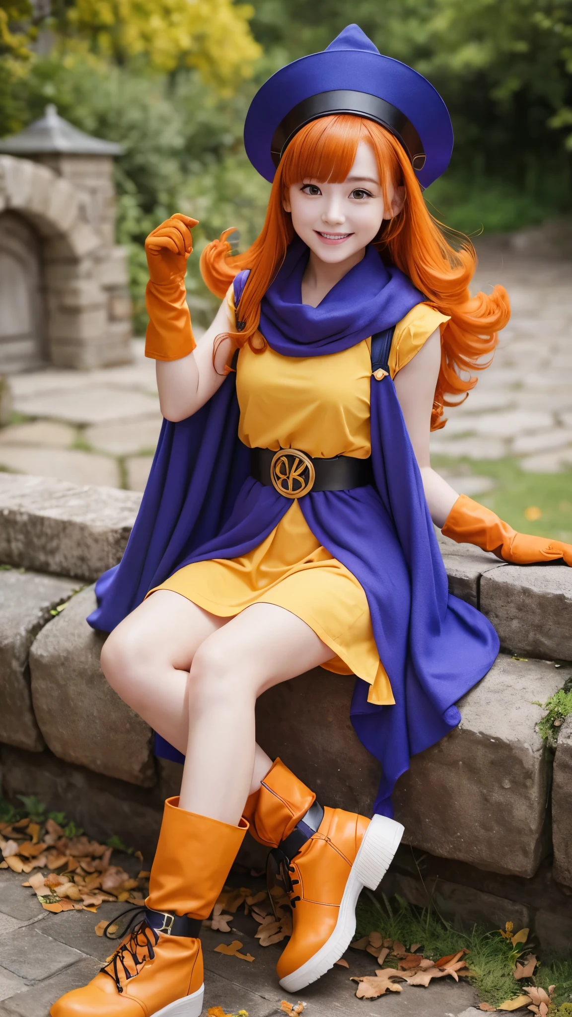 Girl、 has orange wavy hair and purple eyes I'm here。Wear a big blue hat、 also wears a blue cloak 。smile、Wears a yellow tunic 、 has a waist tightened with black tights and a belt 。 wears orange gloves on her hands 、 wears orange boots around her feet 。Castle、