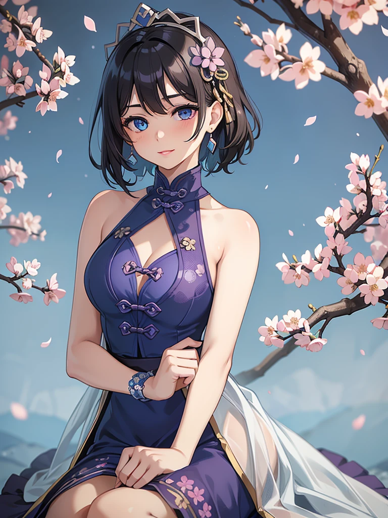 (high-quality, breathtaking),(expressive eyes, perfect face) 1female, girl , solo, teenager, asian woman hairstyle, short hair length, soft wave, black hair color, Heterochromia left eye blue and right eye purple, white and black dress, shawl, blue and purple background, music, gentle smile, swirls in background, music notes background, beautiful background, symmetrical eyes, Qing Dynasty Costumes, hairpin, cherry blossom background
