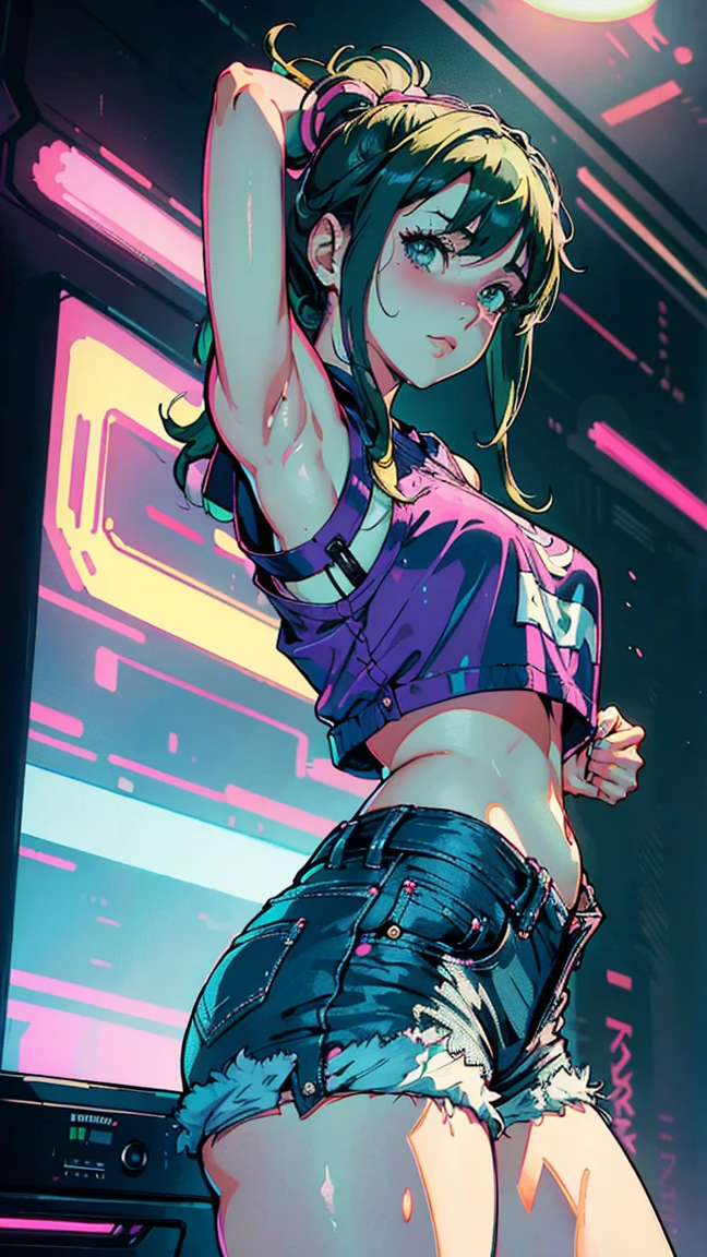 upper body, female dj, colorful clothes , quirky, vibrant appearance, playful accessories, creative behavior, imaginative, sensual, spontaneous, dj headphones, mixing console, music club, night club, indie theaters, people dancing on the dance floor background, underground danceclub, highest quality, skin texture, intricate details, (cinematic lighting), RAW photo, 8k