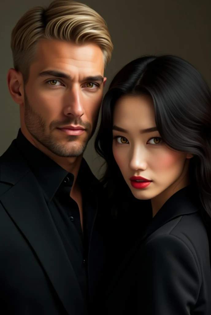 Casal reto pousando para foto, Asian woman with long dark hair , Asian man with short dark hair, detailed jaw