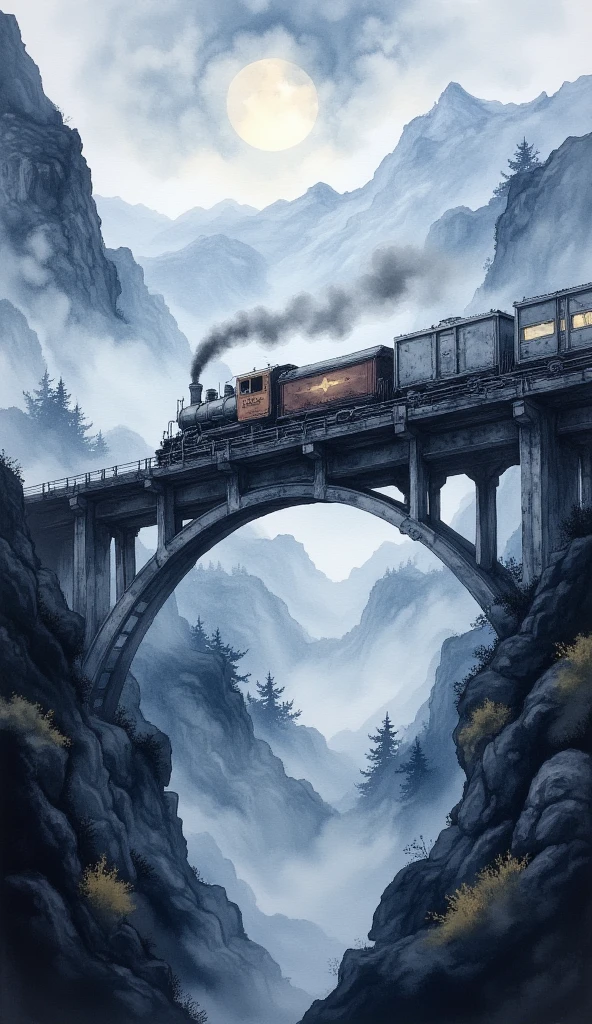 (masterpiece:1.2,Superior Quality,Mirror finish, Cinematic Experience, best illustration:2.0),8k,(Watercolor:2.0),(An old bridge shrouded in fog :2.0),(An old bridge is built in a mountainous area:2.0),( bridge over the mountainous area :2.0),( A freight train runs on the bridge with lights on),( dynamic:2.0),( Vector Art :2.0),(wash),(wet in wet),(Layering),( gradation ),Close up of bridge and train 