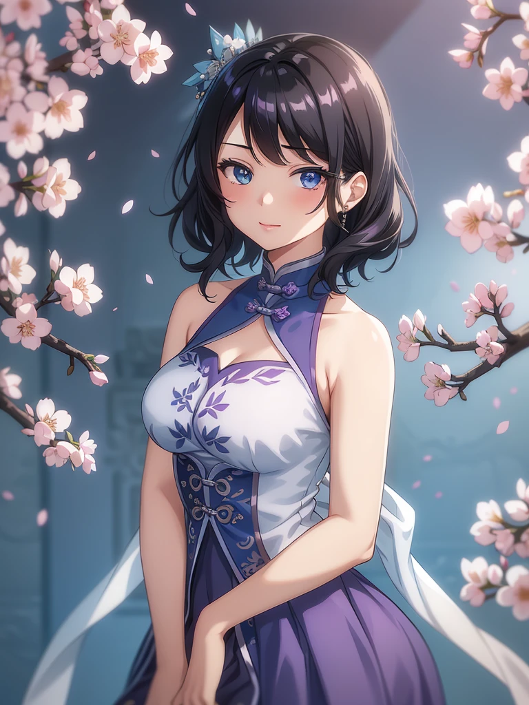 (high-quality, breathtaking),(expressive eyes, perfect face) 1female, girl , solo, teenager, asian woman hairstyle, short hair length, soft wave, black hair color, Heterochromia left eye blue and right eye purple, white and black dress, shawl, blue and purple background, music, gentle smile, swirls in background, music notes background, beautiful background, symmetrical eyes, Qing Dynasty Costumes, hairpin, cherry blossom background
