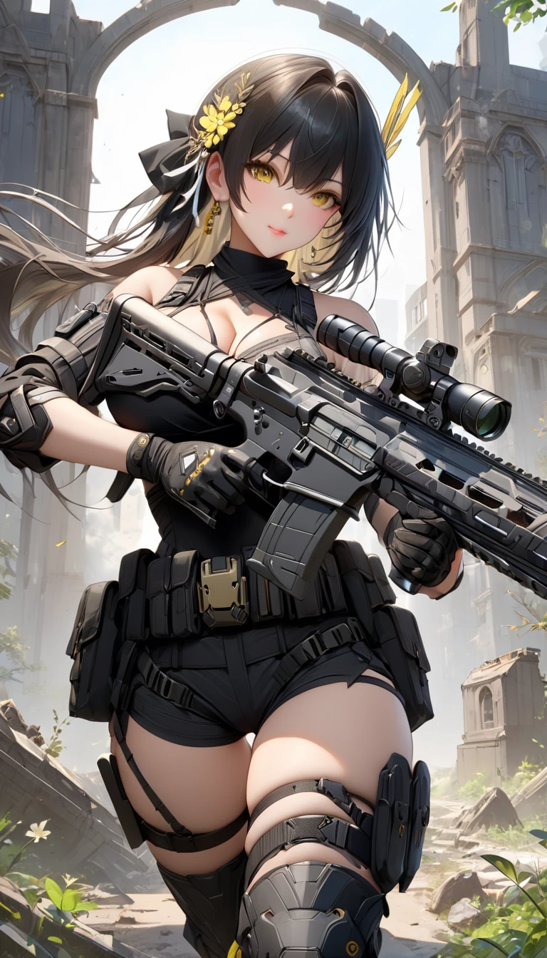 ultra-detailed, 1girl, frover(wuwa), ((masterpiece)), (best quality), (highres), 16K, perfect face, yellow eyes, long hair, hair ornament, black hair, bangs, hair between eyes, tactical gear, wearing black thong, black gloves, tactical belt, thigh boots, busty body, large breasts and a beautiful ass, showcasing cleavage, legs, hips, holding assault rifle, looking at viewer, smile, detailed body, ruins background