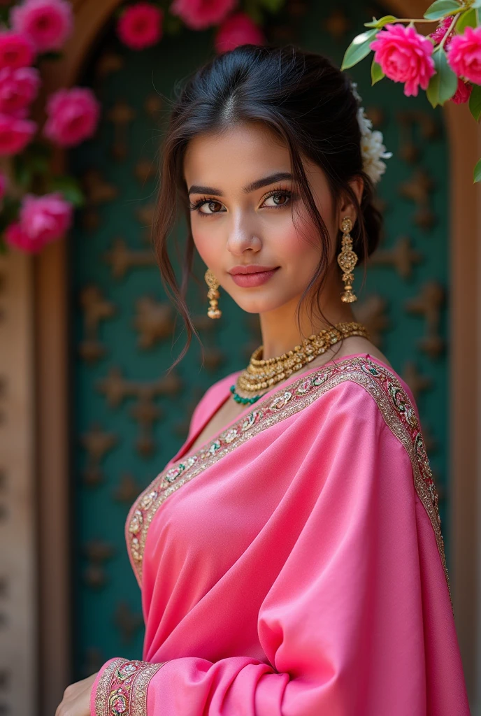 Best quality, masterpiece, ultra high res, (photorealistic:1.4), raw photo,  1girl , highly detailed, detailed face, facial-symmetry, in the dark, deep shadow, low key, cold light, wearing a transparent pink saree but without blouse and only wearing black bra, medium boobs,   are clearly visible,in kitchen,wet clothes
