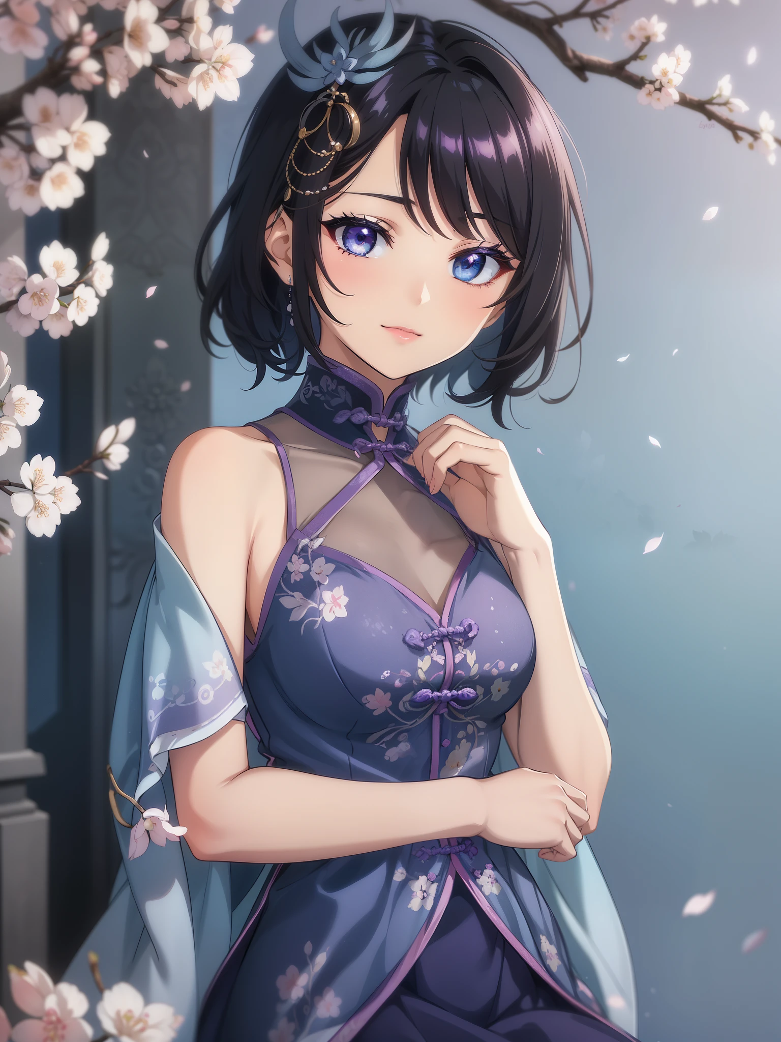 (high-quality, breathtaking),(expressive eyes, perfect face) 1female, girl , solo, teenager, asian woman hairstyle, short hair length, soft wave, black hair color, Heterochromia left eye blue and right eye purple, white and black dress, shawl, blue and purple background, music, gentle smile, swirls in background, music notes background, beautiful background, symmetrical eyes, Qing Dynasty Costumes, hairpin, cherry blossom background
