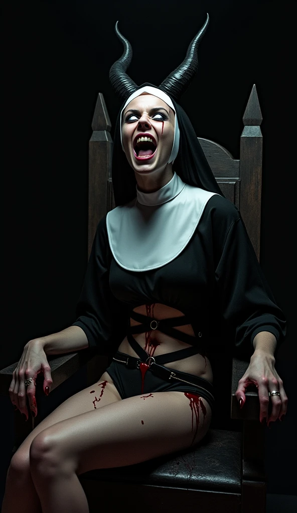 an ugly nun with pale face and pointiy teeth biting on naked girl
