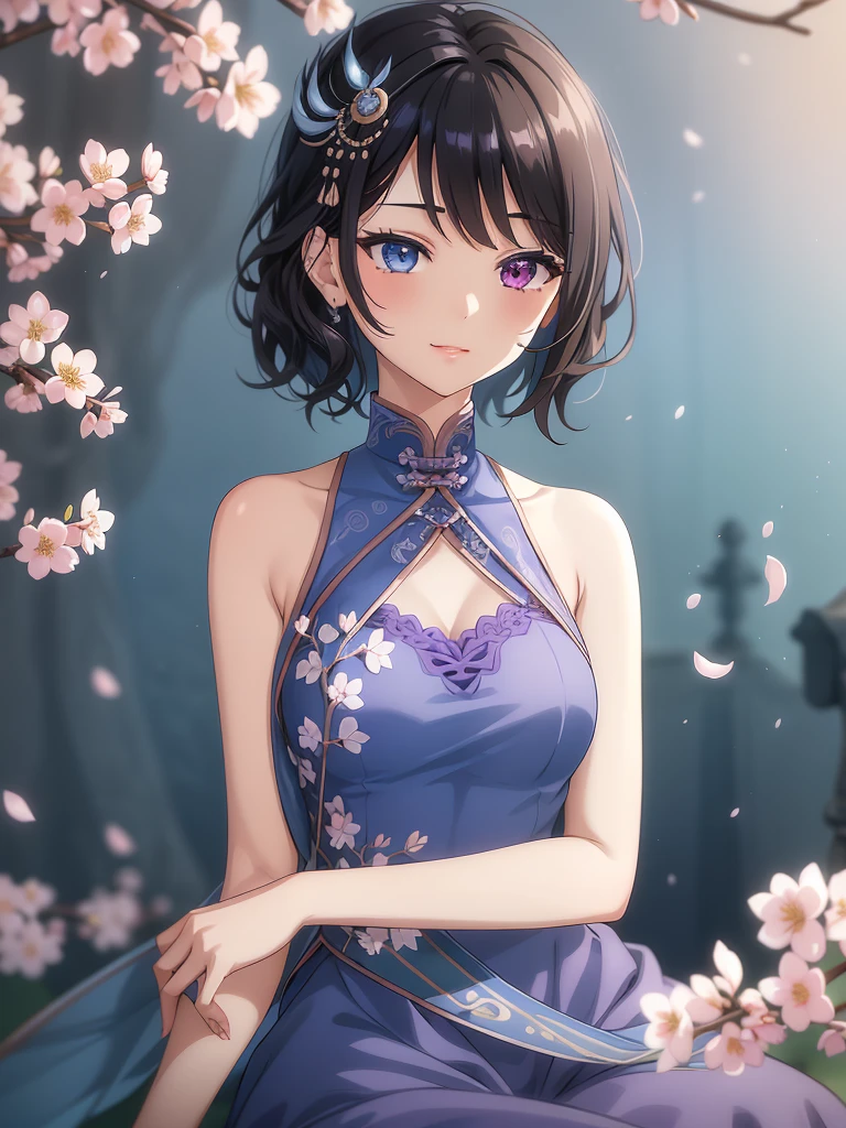 (high-quality, breathtaking),(expressive eyes, perfect face) 1female, girl , solo, teenager, asian woman hairstyle, short hair length, soft wave, black hair color, Heterochromia left eye blue and right eye purple, white and black dress, shawl, blue and purple background, music, gentle smile, swirls in background, music notes background, beautiful background, symmetrical eyes, Qing Dynasty Costumes, hairpin, cherry blossom background
