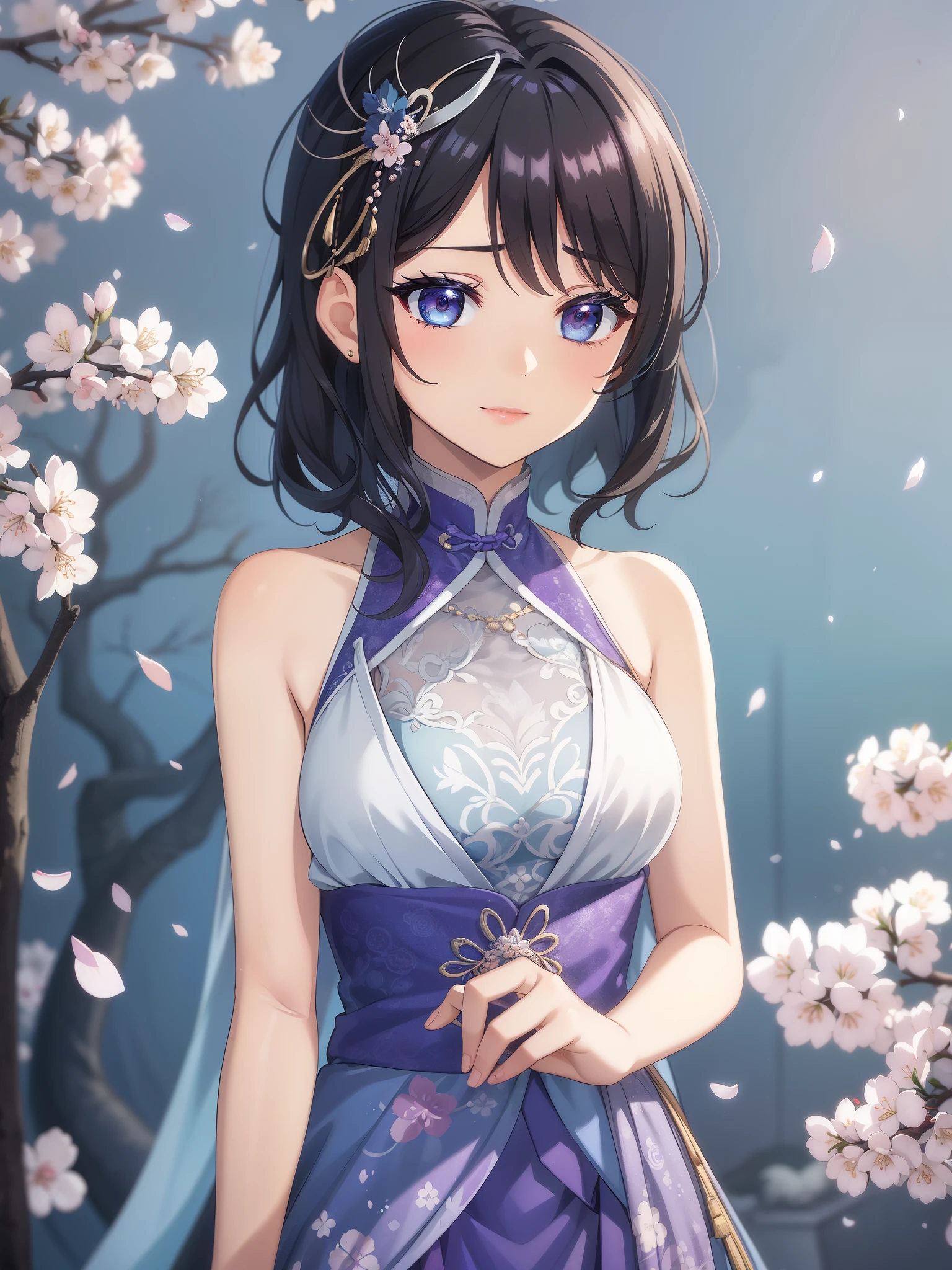 (high-quality, breathtaking),(expressive eyes, perfect face) 1female, girl , solo, teenager, asian woman hairstyle, short hair length, soft wave, black hair color, Heterochromia left eye blue and right eye purple, white and black dress, shawl, blue and purple background, music, gentle smile, swirls in background, music notes background, beautiful background, symmetrical eyes, Qing Dynasty Costumes, hairpin, cherry blossom background
