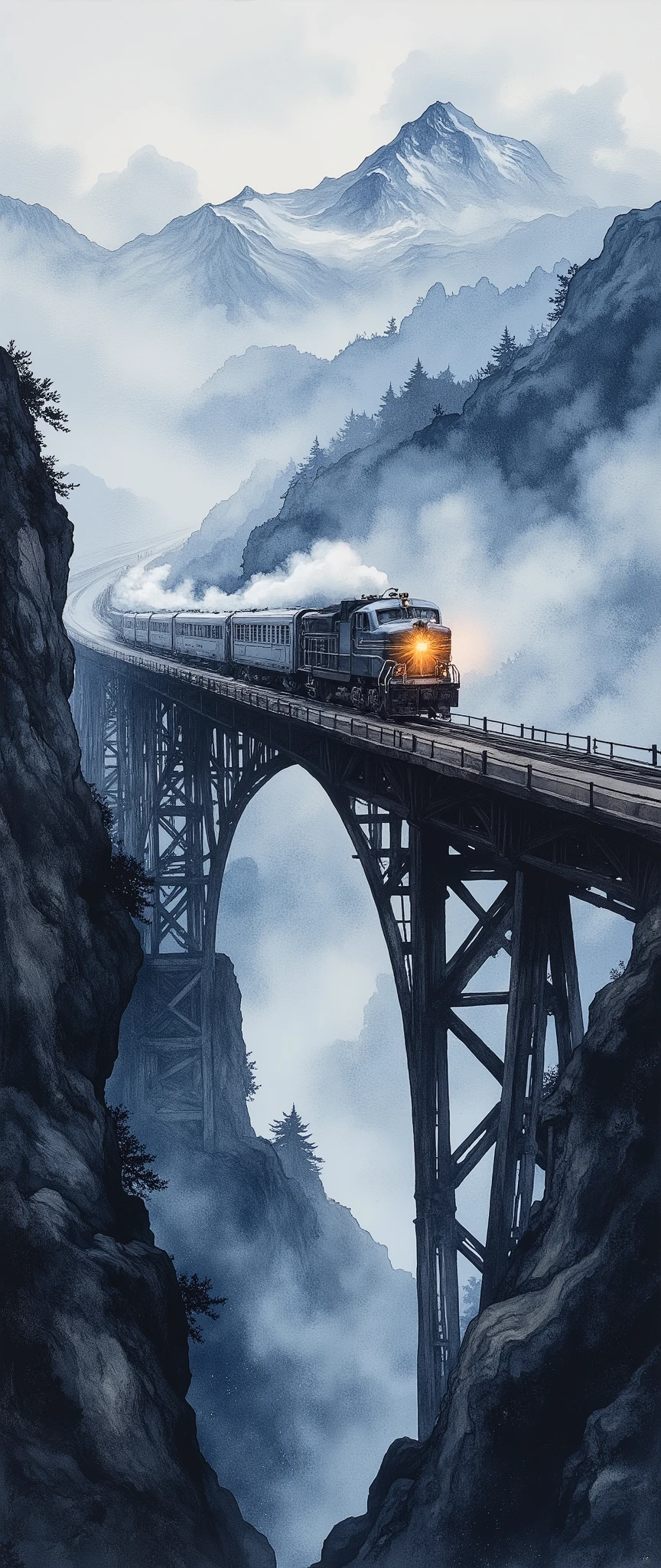 (masterpiece:1.2,Superior Quality,Mirror finish, Cinematic Experience, best illustration:2.0),8k,(Watercolor:2.0),(An old bridge shrouded in fog :2.0),(An old bridge is built in a mountainous area:2.0),( bridge over the mountainous area :2.0),( A freight train runs on the bridge with lights on),( dynamic:2.0),( Vector Art :2.0),(wash),(wet in wet),(Layering),( gradation ),(Close up of bridge and train :2.0),From below