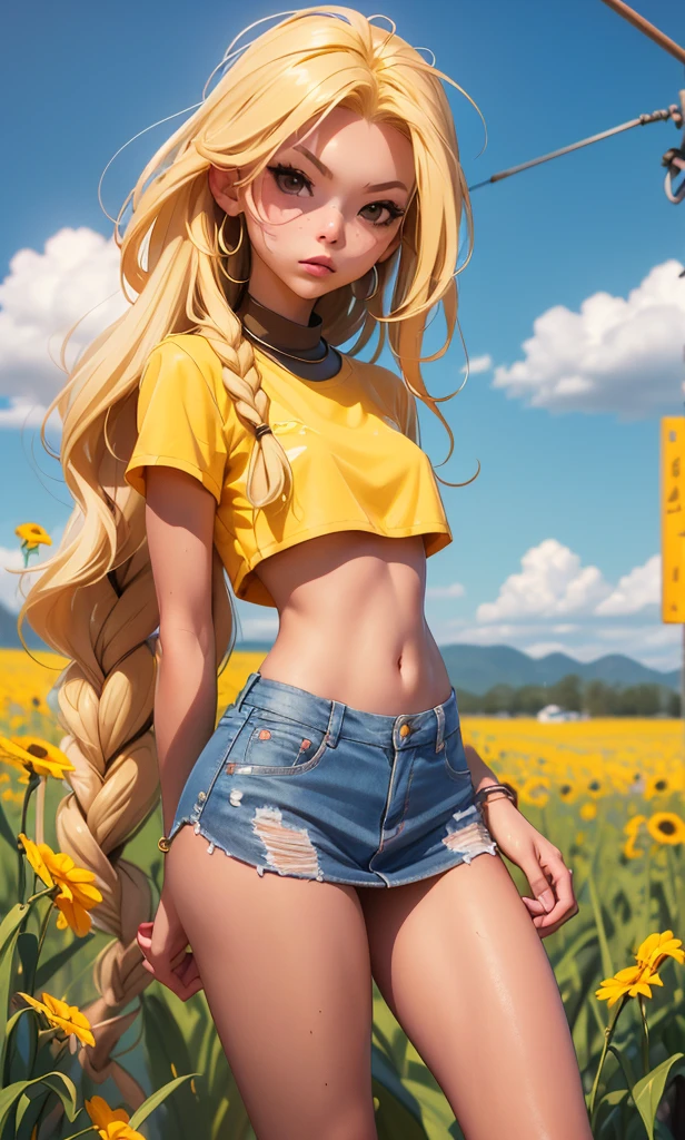  masterpiece, A teenage girl , s, Chiquita, slim, skinny,  long hair ,  wavy hair , blonde hair, Brown eyes,  full body, standing, flat stomach,  nice legs, piernas slims, piel Blanca,  sports shoes , short, mini skirt, (((desnuda))), on the street, wheat field, sexy,