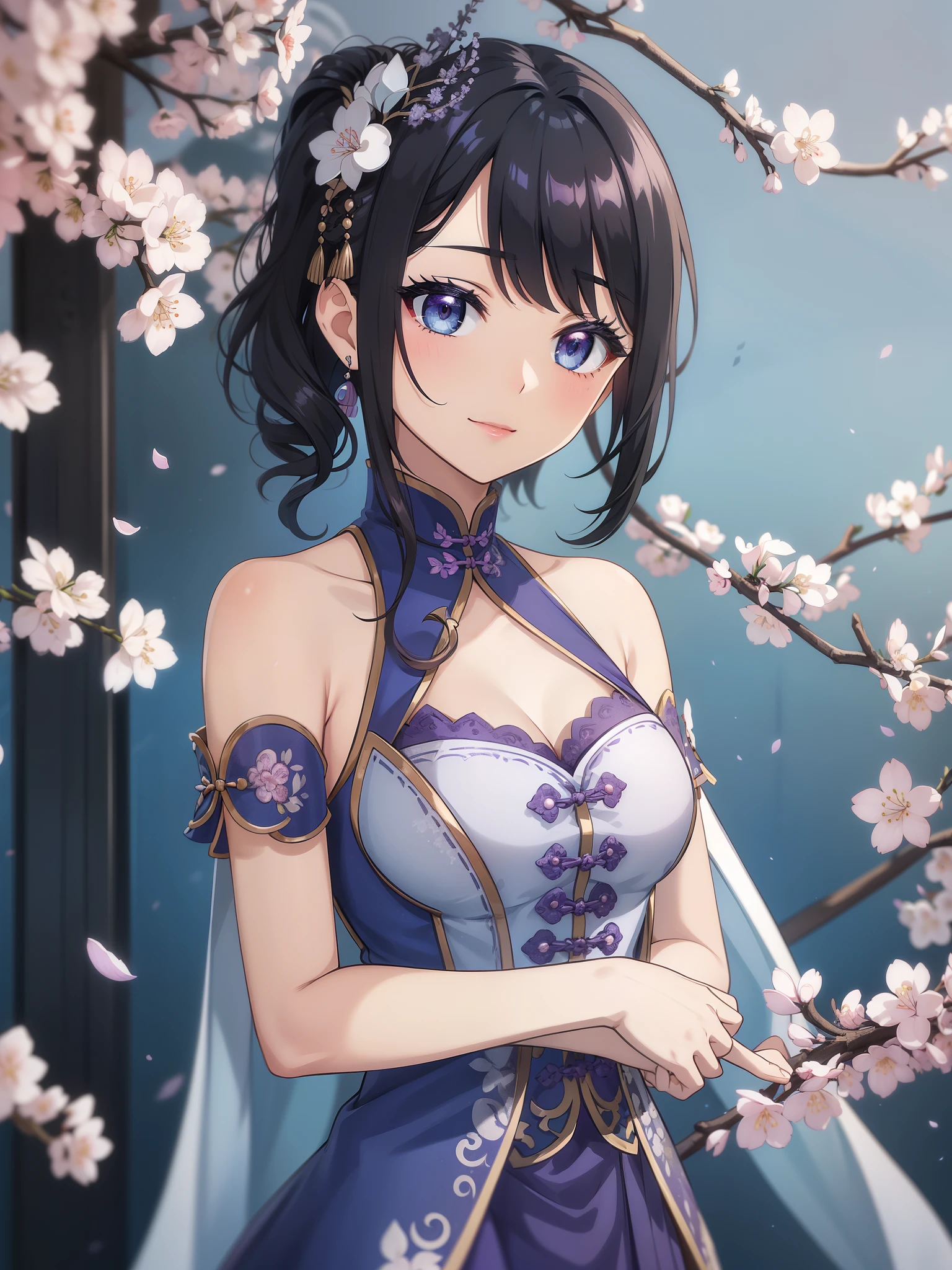 (high-quality, breathtaking),(expressive eyes, perfect face) 1female, girl , solo, teenager, asian woman hairstyle, short hair length, soft wave, black hair color, Heterochromia left eye blue and right eye purple, white and black dress, shawl, blue and purple background, music, gentle smile, swirls in background, music notes background, beautiful background, symmetrical eyes, Qing Dynasty Costumes, hairpin, cherry blossom background
