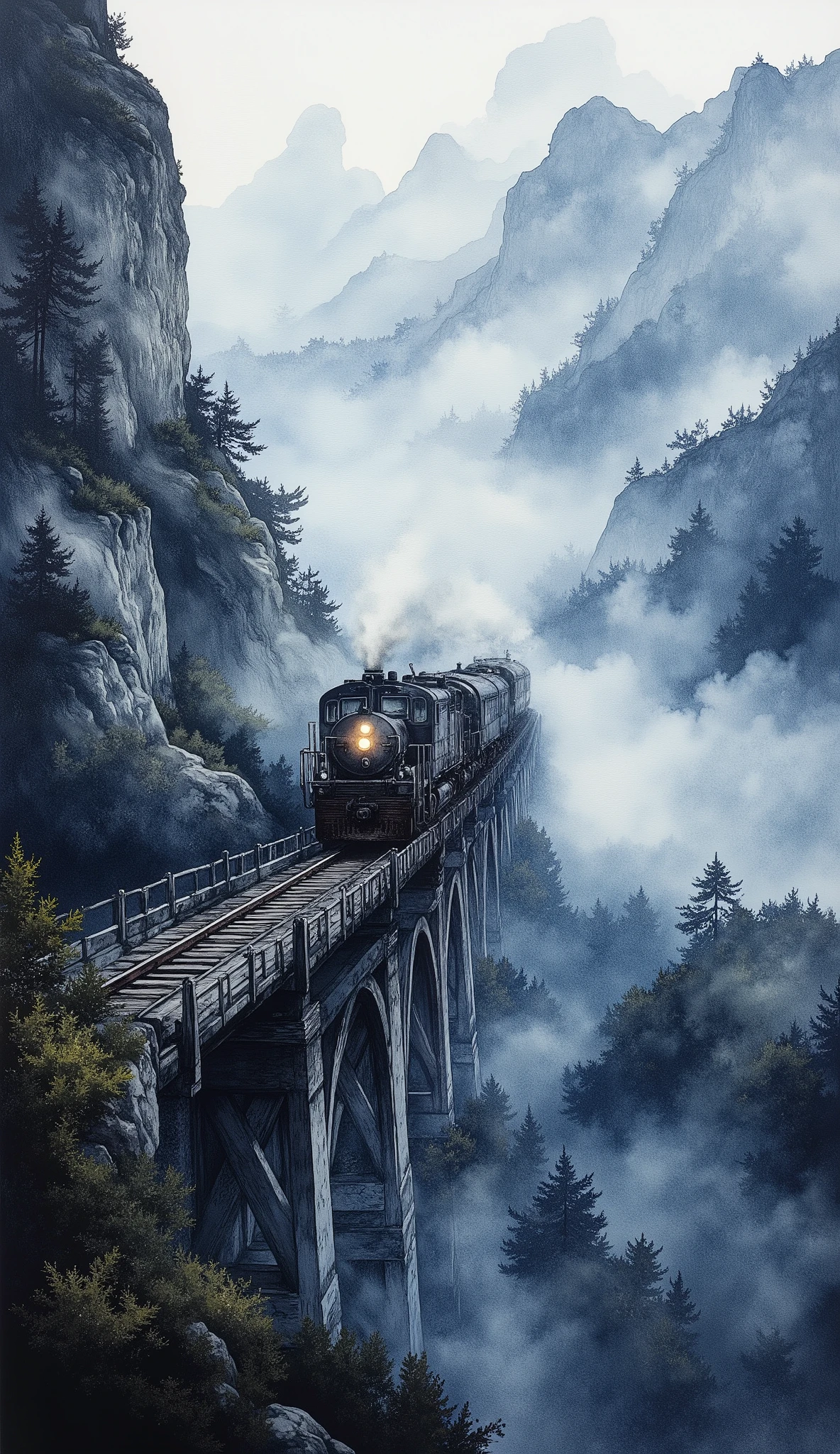 (masterpiece:1.2,Superior Quality,Mirror finish, Cinematic Experience, best illustration:2.0),8k,(Watercolor:2.0),(An old bridge shrouded in fog :2.0),(An old bridge is built in a mountainous area:2.0),( bridge over the mountainous area :2.0),( A freight train runs on the bridge with lights on),( dynamic:2.0),( Vector Art :2.0),(wash),(wet in wet),(Layering),( gradation ),Close up of bridge and train 