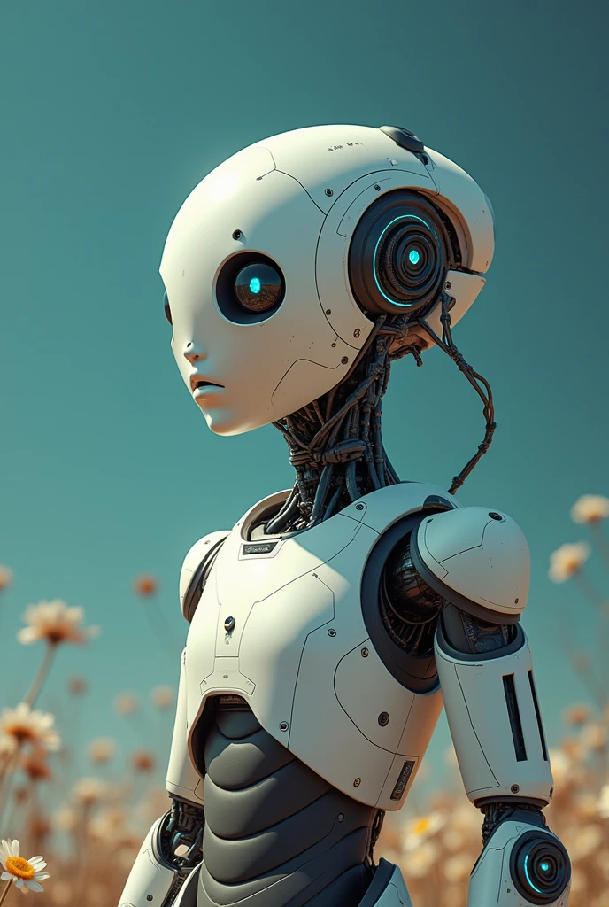 a portrait of robot woman in laying down on grass