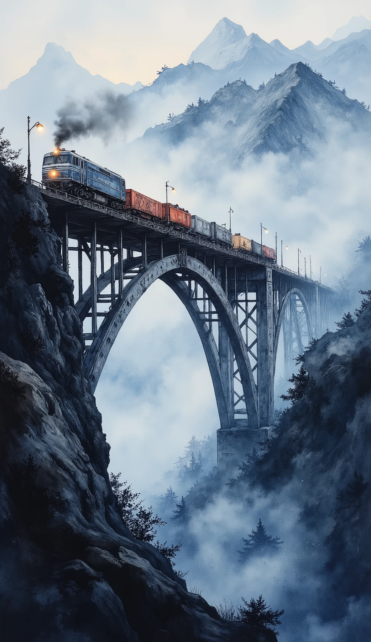 (masterpiece:1.2,Superior Quality,Mirror finish, Cinematic Experience, best illustration:2.0),8k,(Watercolor:2.0),(An old bridge shrouded in fog :2.0),(An old bridge is built in a mountainous area:2.0),( bridge over the mountainous area :2.0),( A freight train runs on the bridge with lights on),( dynamic:2.0),( Vector Art :2.0),(wash),(wet in wet),(Layering),( gradation ),(Close up of bridge and train :2.0),From below