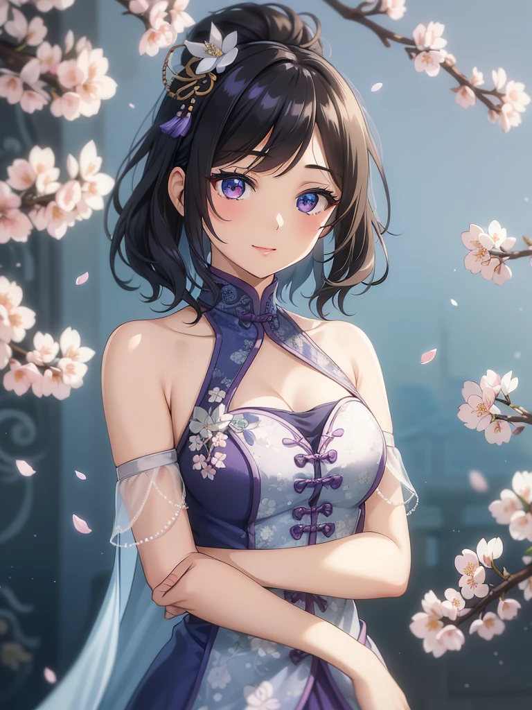 (high-quality, breathtaking),(expressive eyes, perfect face) 1female, girl , solo, teenager, asian woman hairstyle, short hair length, soft wave, black hair color, Heterochromia left eye blue and right eye purple, white and black dress, shawl, blue and purple background, music, gentle smile, swirls in background, music notes background, beautiful background, symmetrical eyes, Qing Dynasty Costumes, hairpin, cherry blossom background
