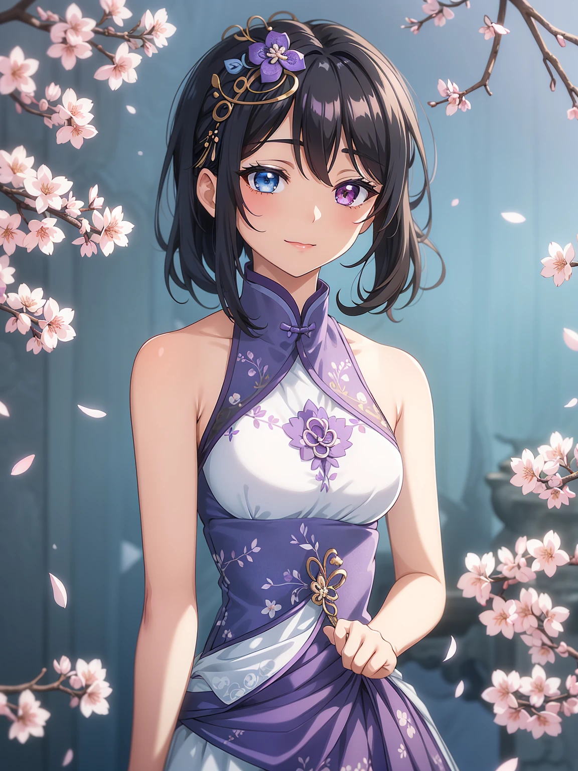 (high-quality, breathtaking),(expressive eyes, perfect face) 1female, girl , solo, teenager, asian woman hairstyle, short hair length, soft wave, black hair color, Heterochromia left eye blue and right eye purple, white and black dress, shawl, blue and purple background, music, gentle smile, swirls in background, music notes background, beautiful background, symmetrical eyes, Qing Dynasty Costumes, hairpin, cherry blossom background
