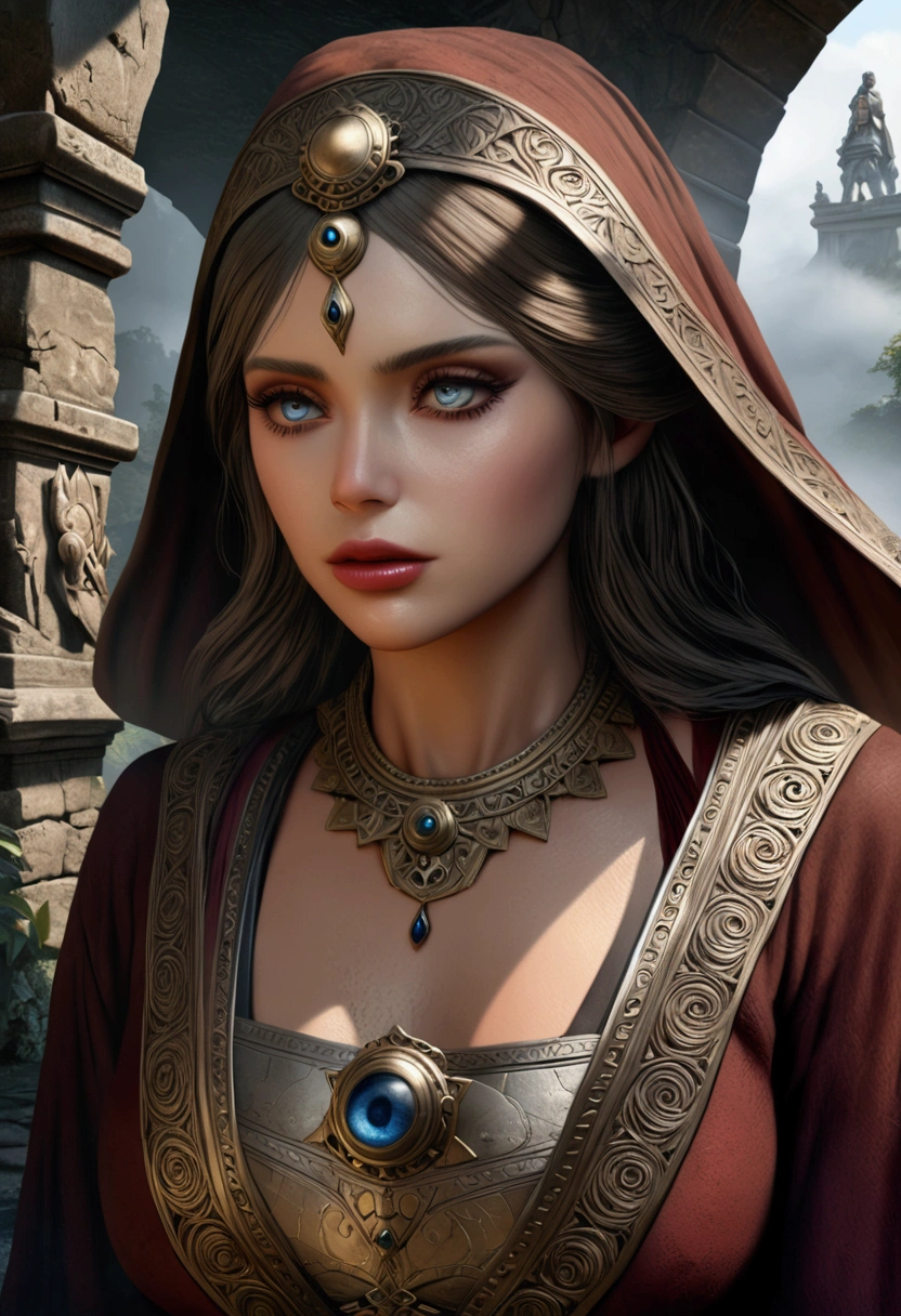 ((best quality)), ((masterpiece)), ((ultra realistic)), (dynamic sexy pose), ((intricate details)), award winning photorealistic soft oil painting trending on artstation, hypnotically beautiful wood elf in a verdant forest, beauty mark, ((wearing skimpy soft leather armor and an intricately embroidered hooded rainbow cloak, autumnal)), mesmerizing eyes, emotive longing expression, sun set, soft edge lighting, highly detailed, ((close up portrait)), professional, 8k, uhd,