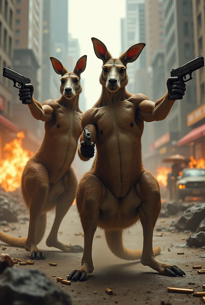 Male Rocky Rabbit with a six-pack body and a tall body destroys the city of Paris, holding the hand of a tall female Rocky Rabbit in shorts and a red bra, they walk through the burning and collapsing buildings.