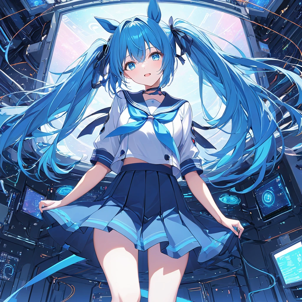 Standing on a mother-board in cyber-space. Masterpiece, Very detailed, Ultra-detailed, one beautiful cyber-girl. lovely blue hair in a pony-tail, beautiful exited blue eyes, wearing a sailor outfit. She's playing with her chest ribbon. exited.