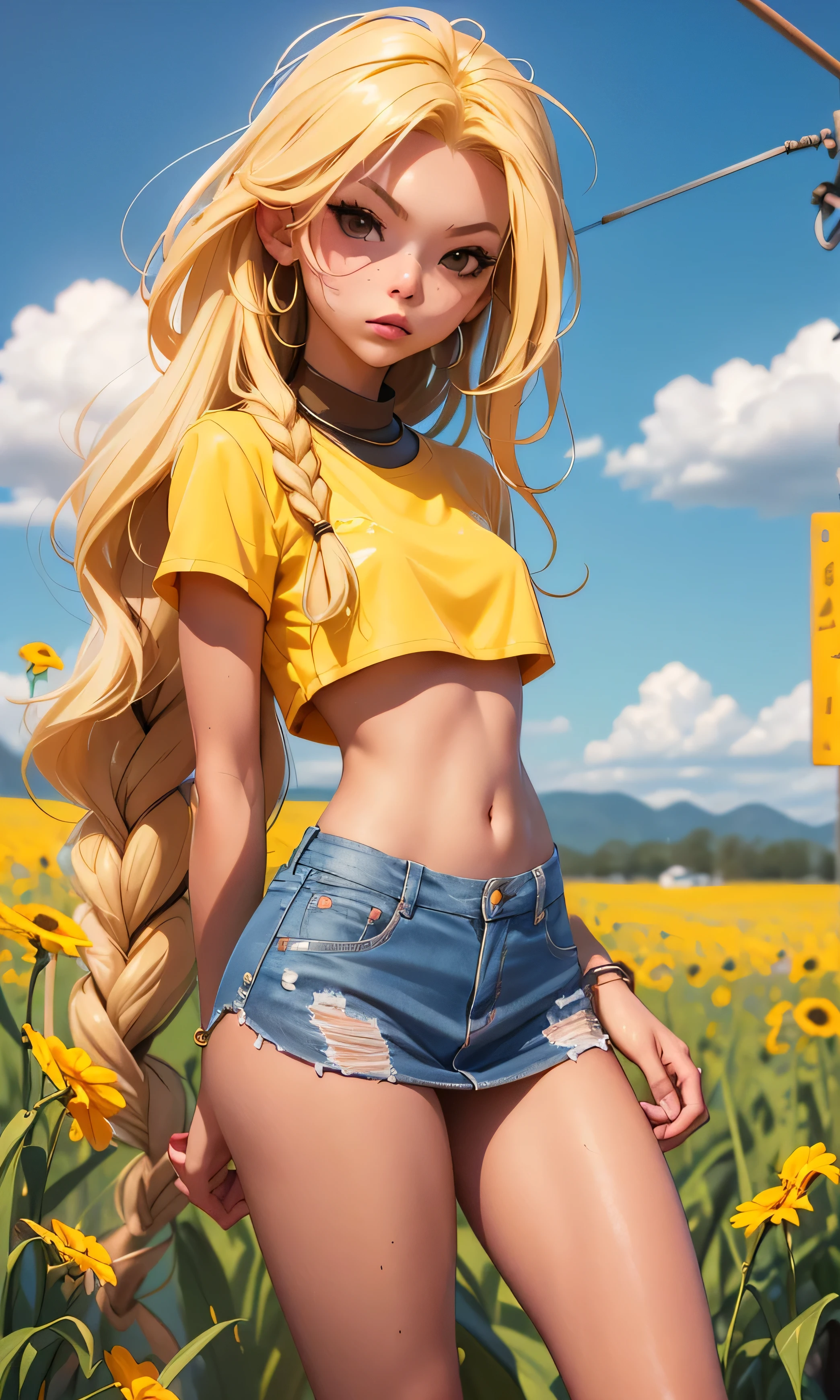  masterpiece, A ******* girl , s, Chiquita, slim, skinny,  long hair ,  wavy hair , blonde hair, Brown eyes,  full body, standing, flat stomach,  nice legs, piernas slims, piel Blanca,  sports shoes , short, mini skirt, (((desnuda))), on the street, wheat field, sexy,