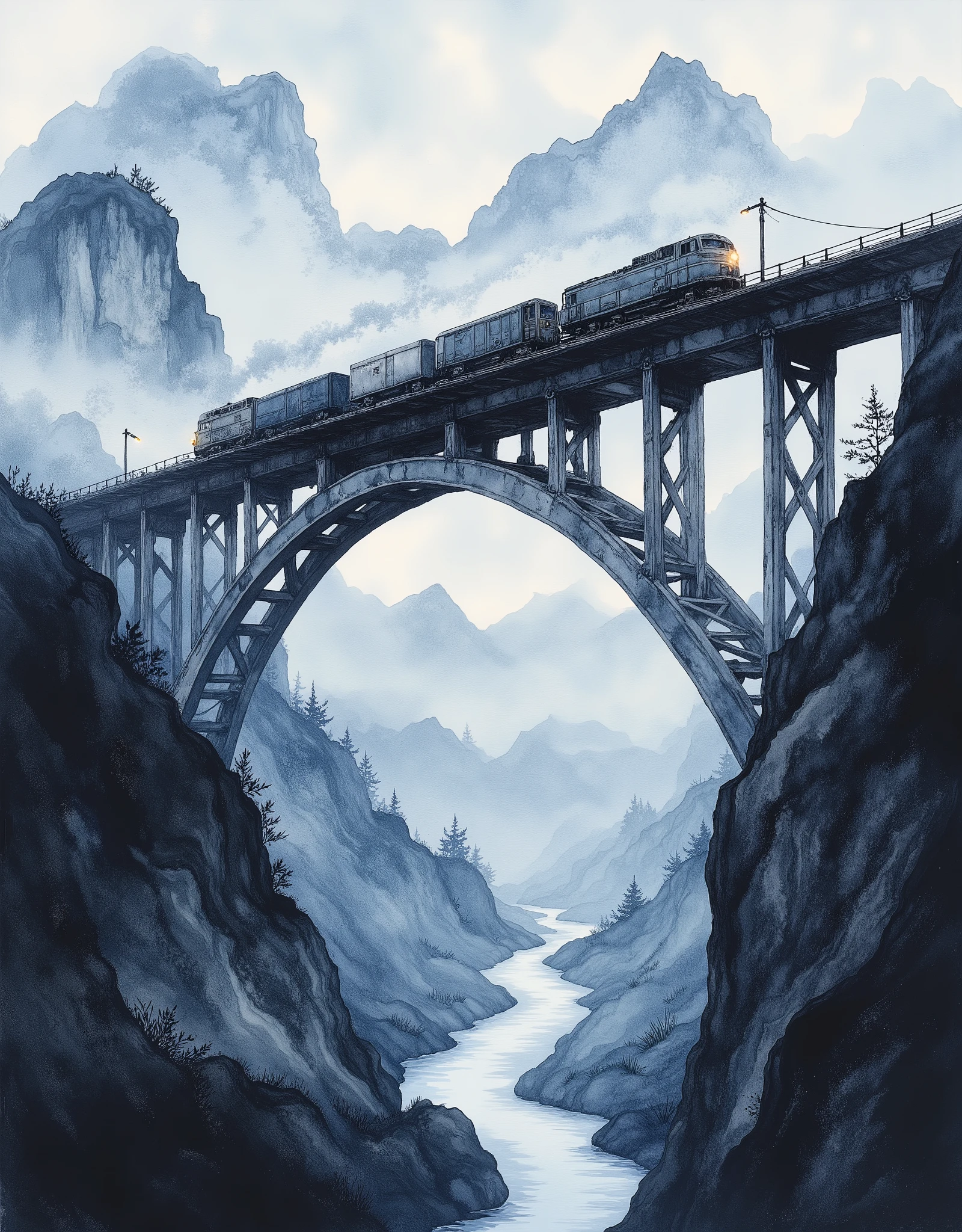 (masterpiece:1.2,Superior Quality,Mirror finish, Cinematic Experience, best illustration:2.0),8k,(Watercolor:2.0),(An old bridge shrouded in fog :2.0),(An old bridge is built in a mountainous area:2.0),( bridge over the mountainous area :2.0),( A freight train runs on the bridge with lights on),( dynamic:2.0),( Vector Art :2.0),(wash),(wet in wet),(Layering),( gradation ),(Close up of bridge and train :2.0),From below