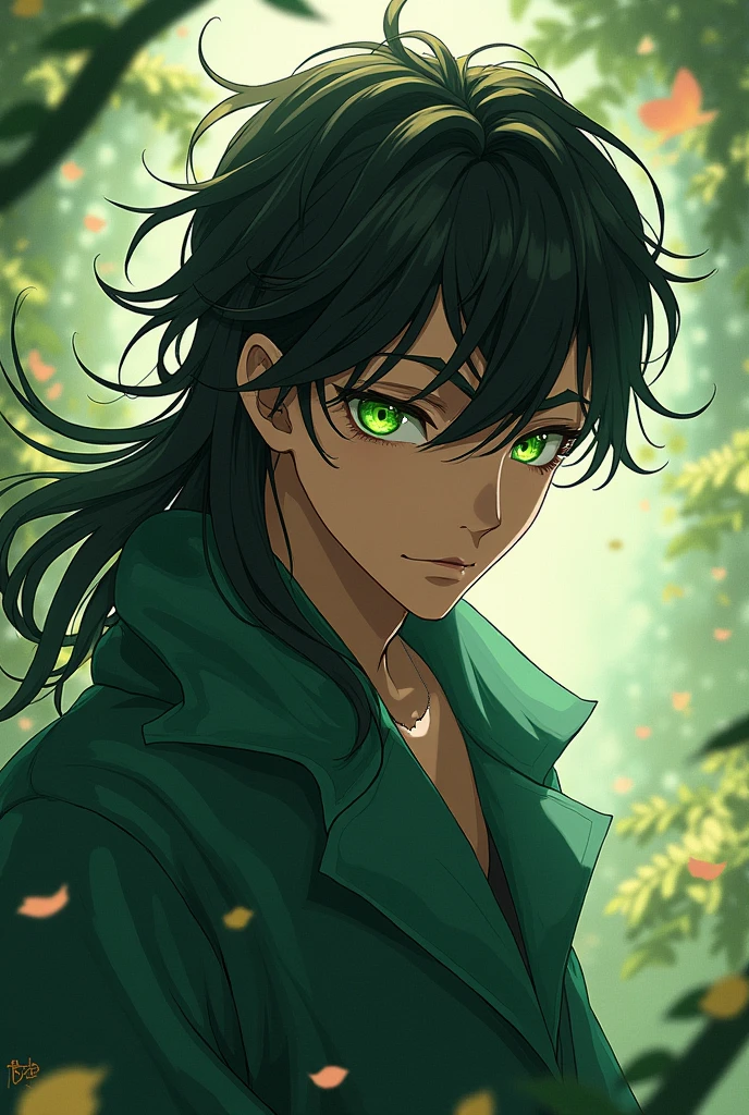 anime.
Slender-eyed emerald man, long messy black hair, brown skin.