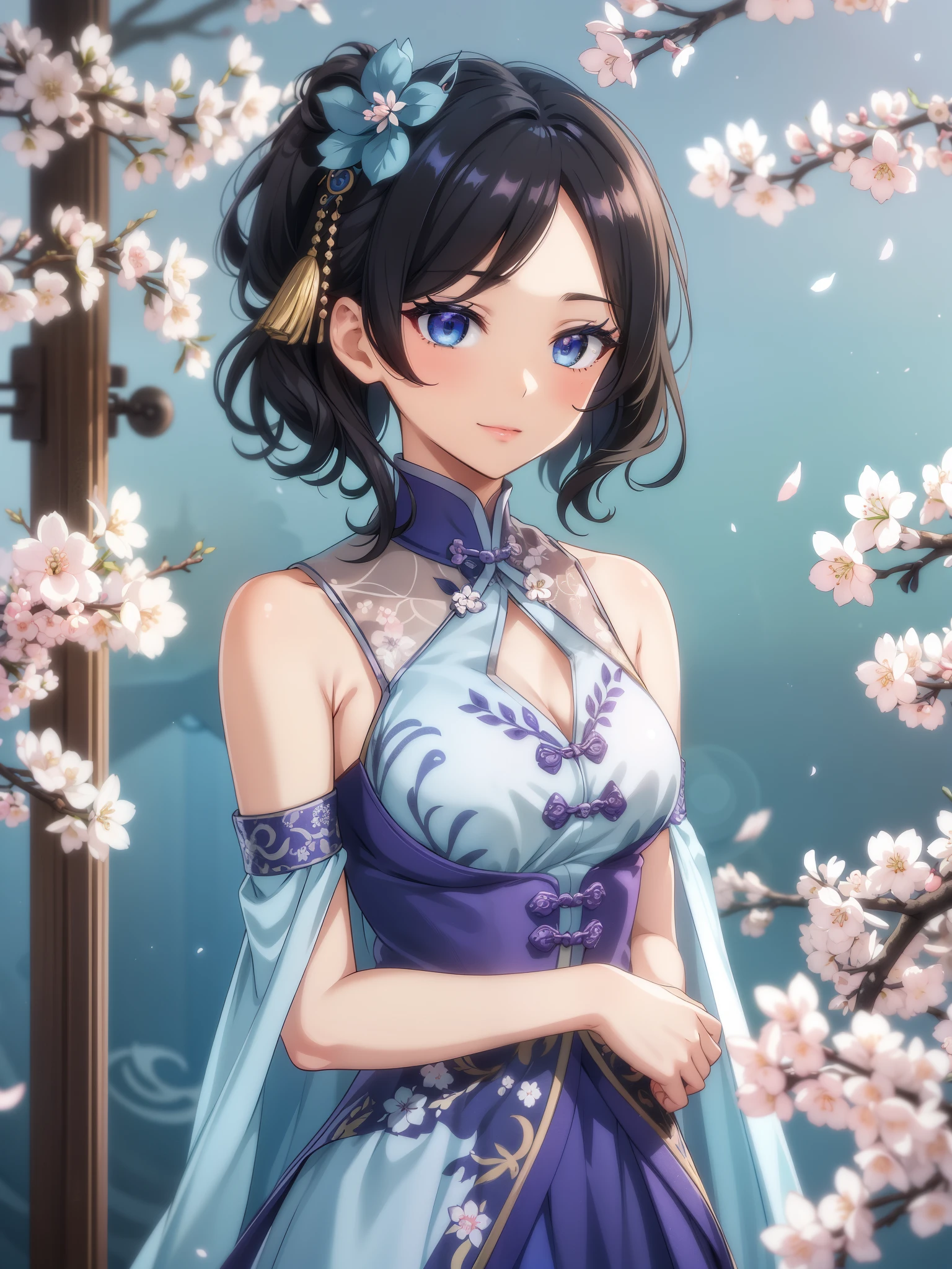 (high-quality, breathtaking),(expressive eyes, perfect face) 1female, girl , solo, teenager, asian woman hairstyle, short hair length, soft wave, black hair color, Heterochromia left eye blue and right eye purple, white and black dress, shawl, blue and purple background, music, gentle smile, swirls in background, music notes background, beautiful background, symmetrical eyes, Qing Dynasty Costumes, hairpin, cherry blossom background
