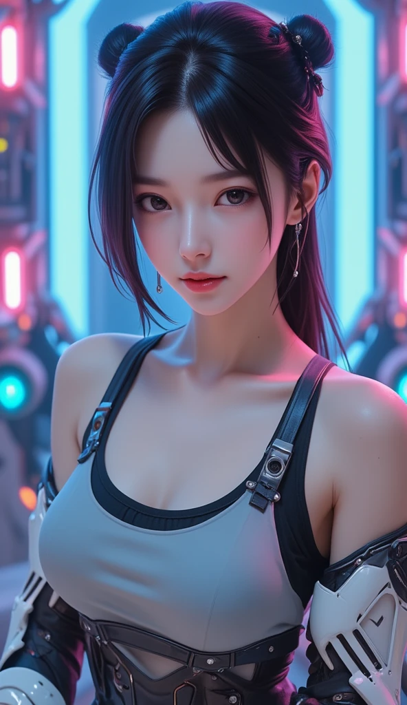 Photorealism, Japaness young face Female, white skin, beautiful chests , Turn straight ahead, shy face , tank top, 
In pretty modern dress with armory, scifi style, neon style, future style, 