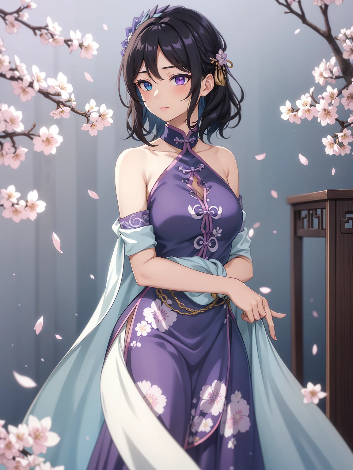 (high-quality, breathtaking),(expressive eyes, perfect face) 1female, girl , solo, teenager, asian woman hairstyle, short hair length, soft wave, black hair color, Heterochromia left eye blue and right eye purple, white and black dress, shawl, blue and purple background, music, gentle smile, swirls in background, music notes background, beautiful background, symmetrical eyes, Qing Dynasty Costumes, hairpin, cherry blossom background
