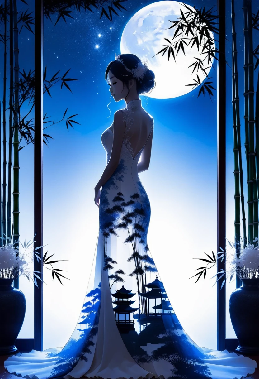 (((silhouette art:1.5))), 1Bride attire, (Double Exposure:1.3), Silhouette of a bride in a wedding dress standing alone at a restaurant wedding overlooking a Japanese garden with a bamboo forest, blue Moon, (Close-up), improve, complex, (best quality, masterpiece, representative work, official art, professional, unified 8k wallpaper:1.3)