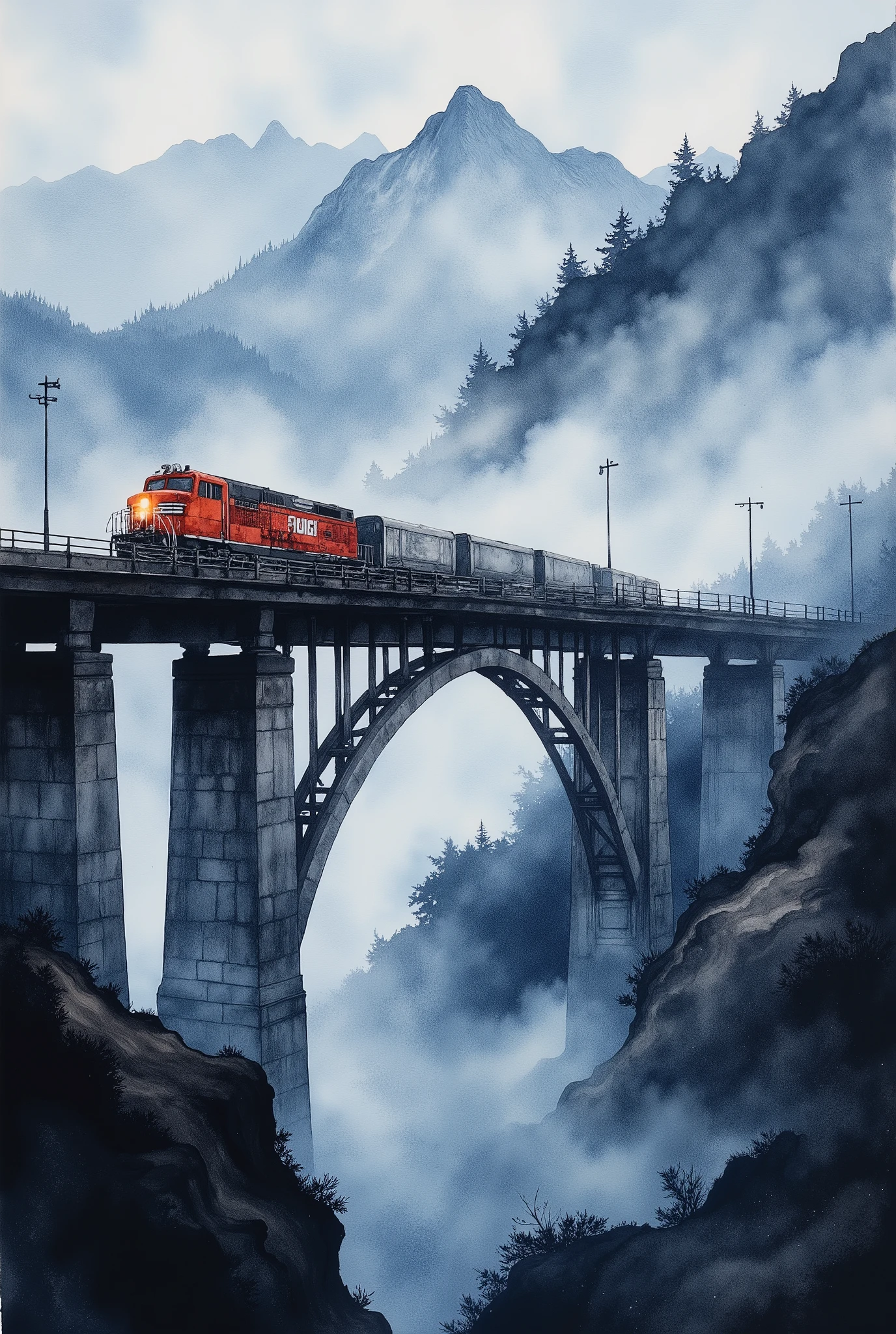 (masterpiece:1.2,Superior Quality,Mirror finish, Cinematic Experience, best illustration:2.0),8k,(Watercolor:2.0),(An old bridge shrouded in fog :2.0),(An old bridge is built in a mountainous area:2.0),( bridge over the mountainous area :2.0),( A freight train runs on the bridge with lights on),( dynamic:2.0),( Vector Art :2.0),(wash),(wet in wet),(Layering),( gradation ),Close up of bridge and train 