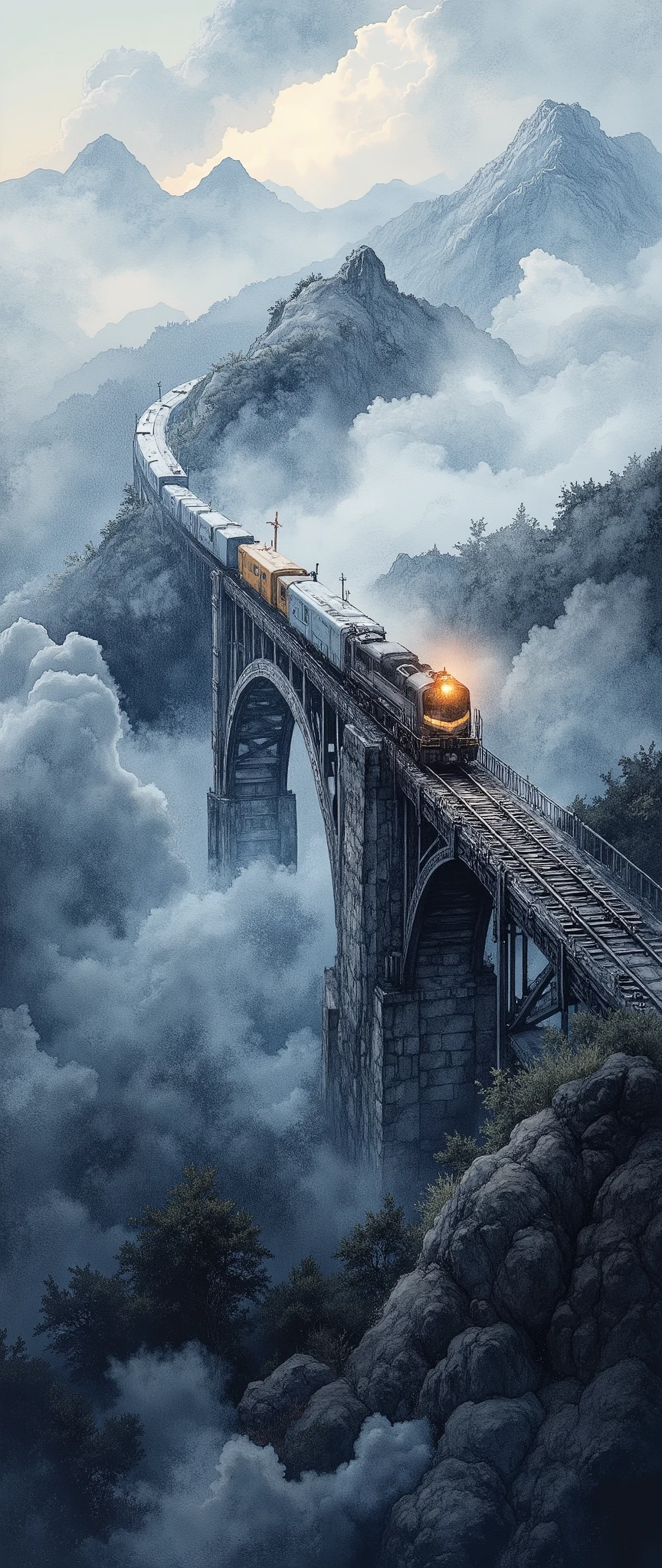 (masterpiece:1.2,Superior Quality,Mirror finish, Cinematic Experience, best illustration:2.0),8k,(Watercolor:2.0),(An old bridge shrouded in fog :2.0),(An old bridge is built in a mountainous area:2.0),( bridge over the mountainous area :2.0),( A freight train runs on the bridge with lights on),( dynamic:2.0),( Vector Art :2.0),(wash),(wet in wet),(Layering),( gradation ),Close up of bridge and train 